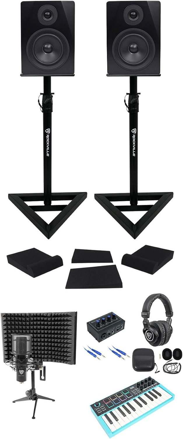 Rockville Bundle: Rockville ROCK-U MINI Computer Recording Interface Bundle with MIDI Keyboard Controller, Studio Mic, Headphones, (2) Speakers, (2) Stands, Mic Shield, (2) Isolation Pads (13 items)