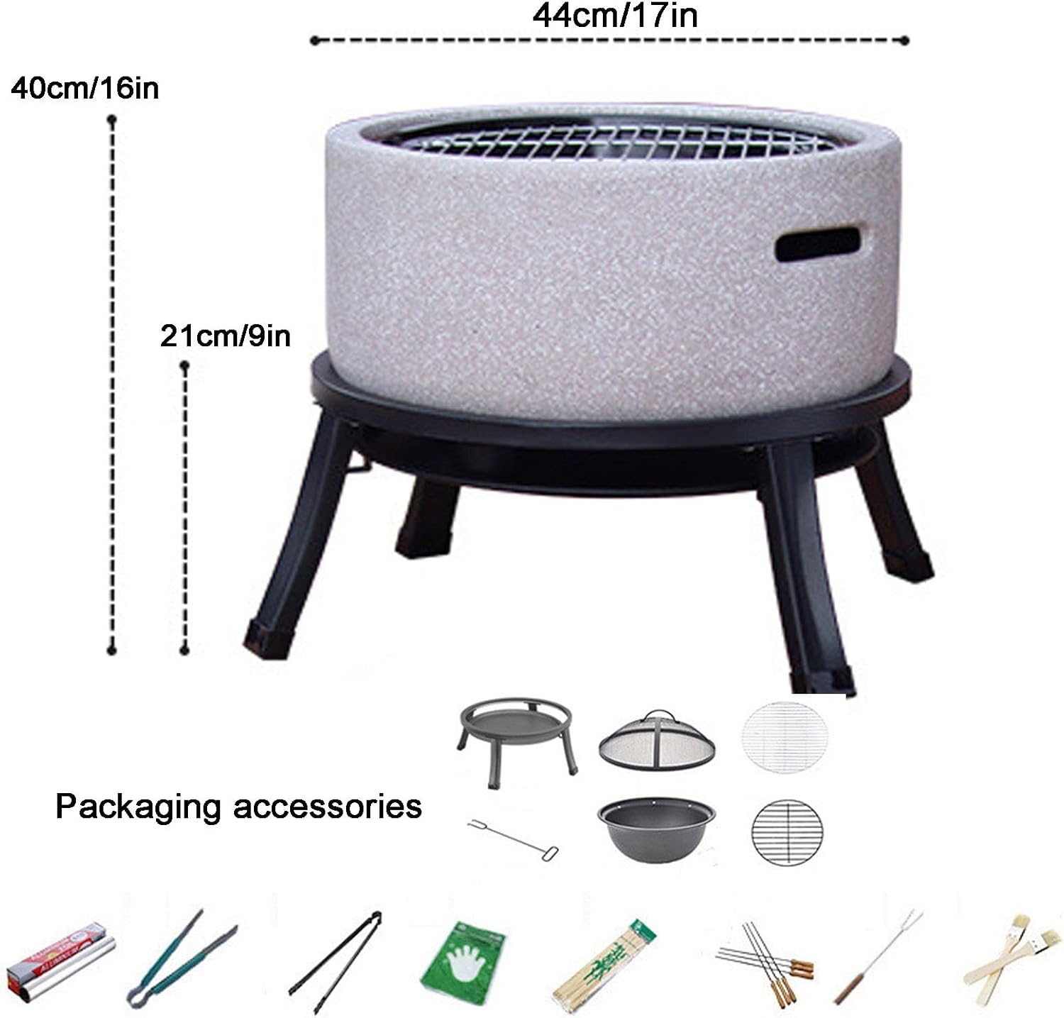 Clay Charcoal Stove Portable Grill, 16x17 Inch Outdoor Fire Pit Combo Hibachi Grill with Marble Steel Bracket White Grey(White)