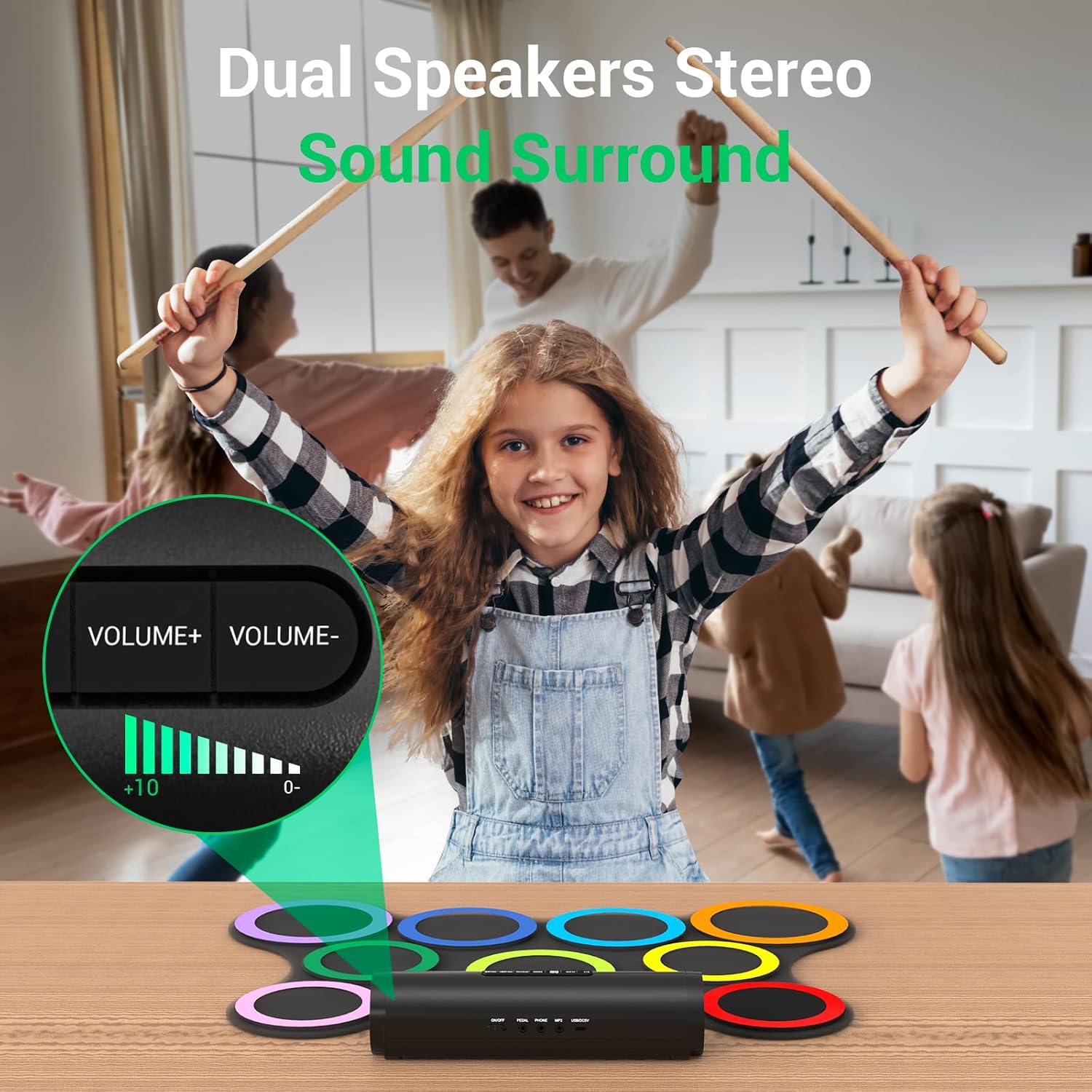 ROCKSOCKI Electric Drum Set 9-Pad With Headphone, Bigger Roll-up Drum Pad USB MIDI Game, Built-in Speaker, Drum Sticks, Foot Pedals 10 Hours Playtime Holiday Xmas Birthday Gift for Kids