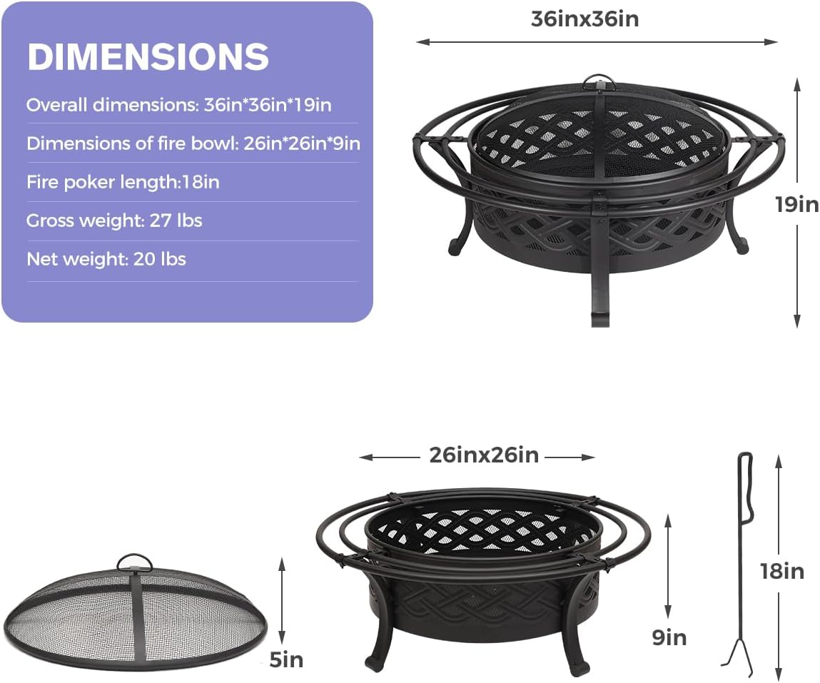 36 Inch Fire Pit with 2 Loops,Crossweave Wood Burning Fire Pits for Outside,with Spark Screen,Fire Poker,Round Outdoor Firepit for Patio,Yard,Garden,Camping,Bonfire(36''Black)