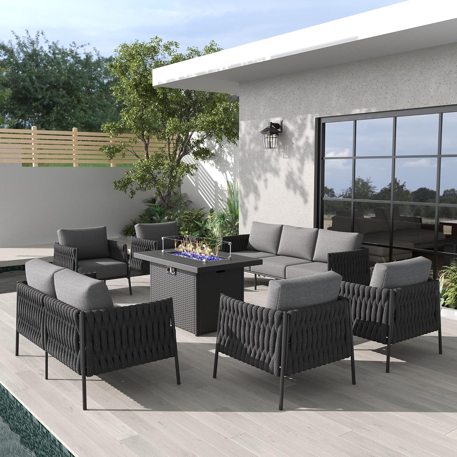 LayinSun 7 Piece Outdoor Furniture Set with Fire Pit Table, Modern Rope Woven Patio Conversation Sofa Set with Olefin Braid and Deep Seating