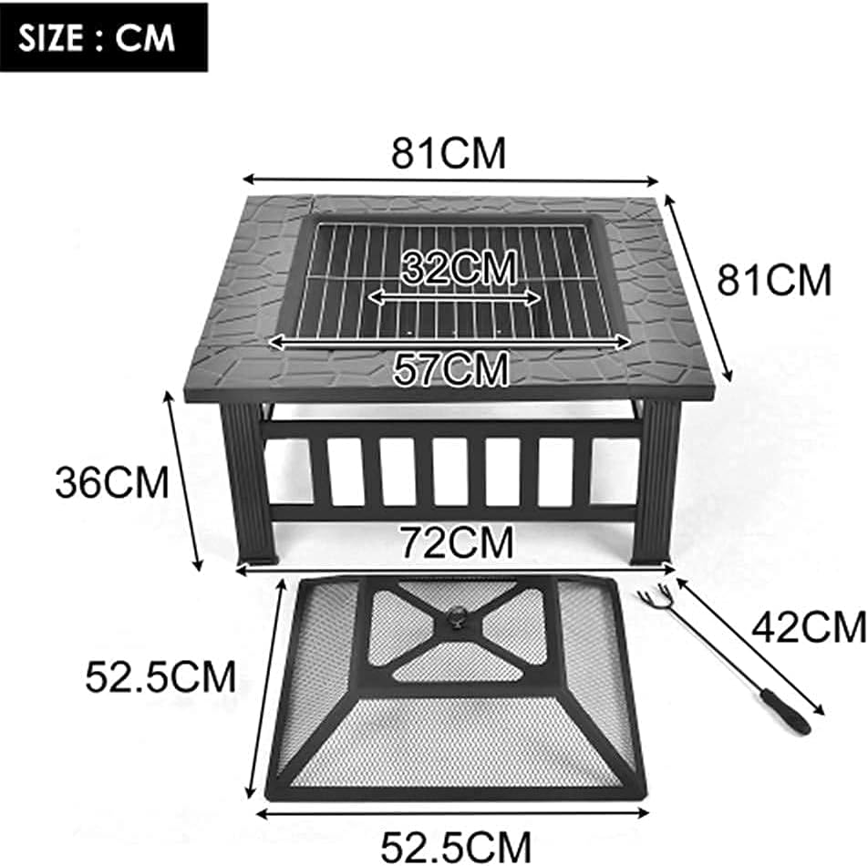 Fire Pit Table with Grill Shelf,Steel for Barbecue,Heater,Ice Pit,Metal Brazier Camping Bowl for Garden Patio Outdoor,Protective Cover,Square