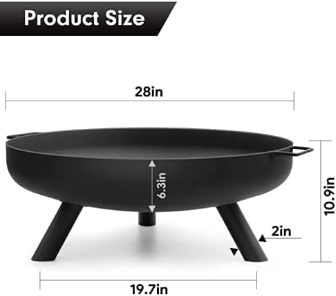 Fire Pit Outdoor Wood Burning Fire Bowl 28in with A Drain Hole Fireplace Extra Deep Large Round Cast Iron Outside d Deck Camping Beach Heavy Duty Metal Grate Rustproof Black