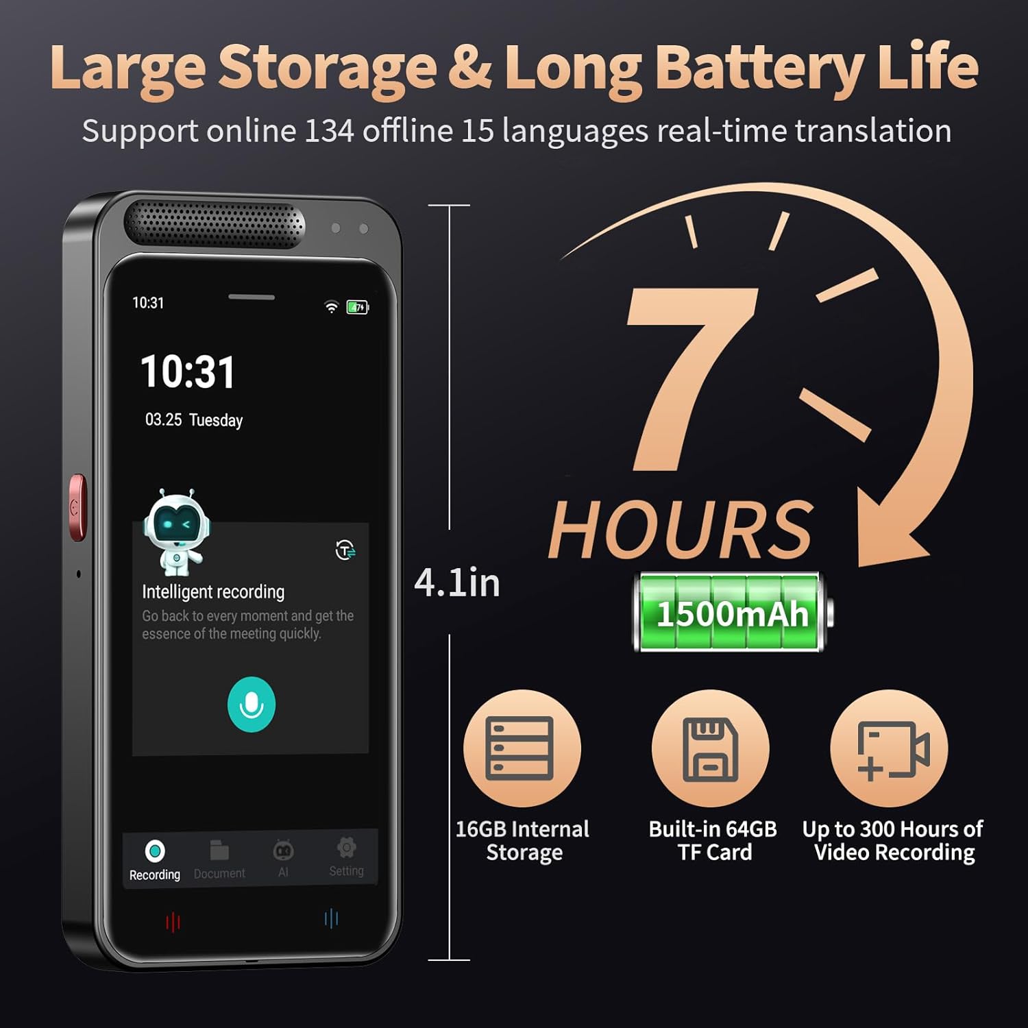 AI Voice Recorder, Digital Voice Recorder with Complimentary Transcription & Summarize & Translation, 80GB Voice to Text Recorder and Transcriber, Support 134 Languages, AI Recorder for Lectures