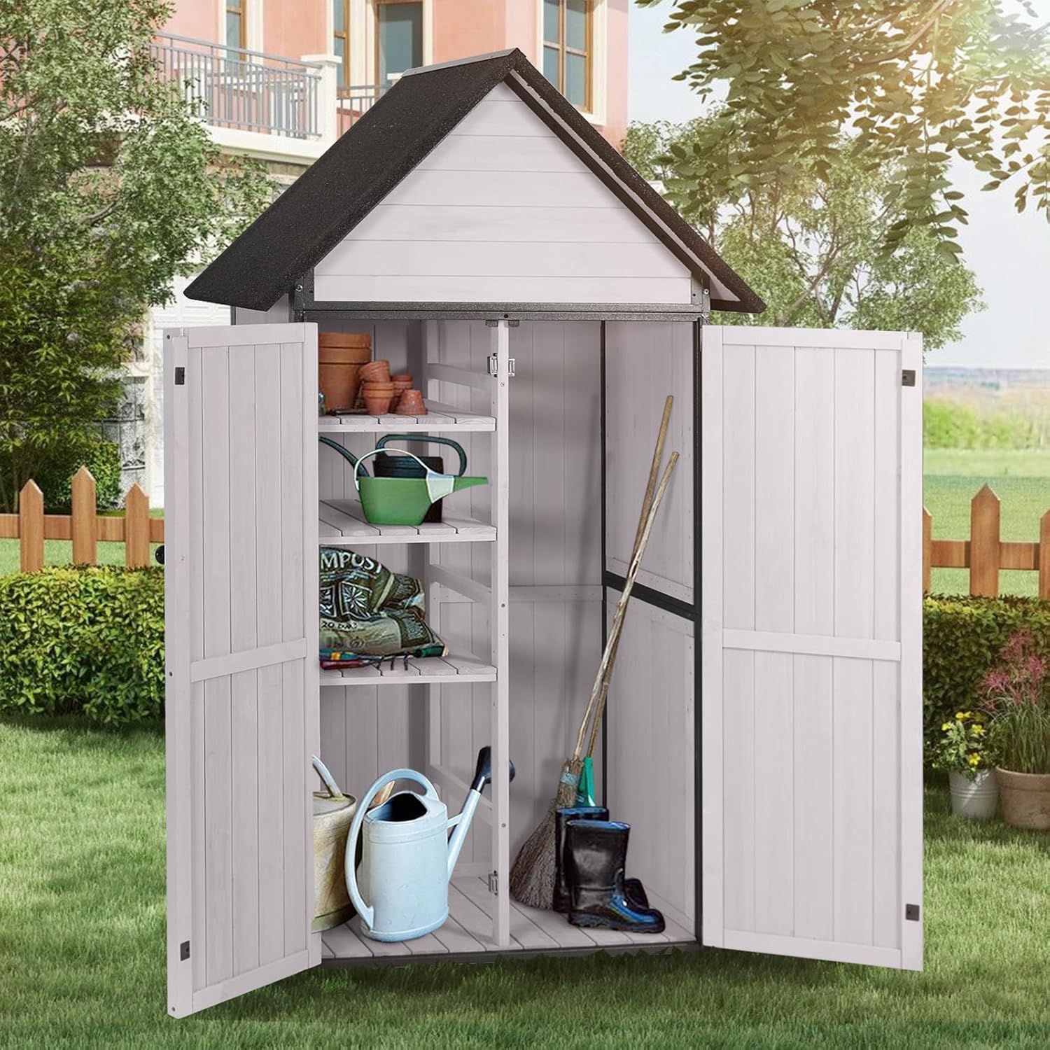 GUTINNEEN Outdoor Storage Shed with All Around Strong Metal Frame, Garden Tool Sheds Cabinet with Floor & Adjustable Shelves, Wooden Tool House for Backyard Garden Patio Lawn (White)
