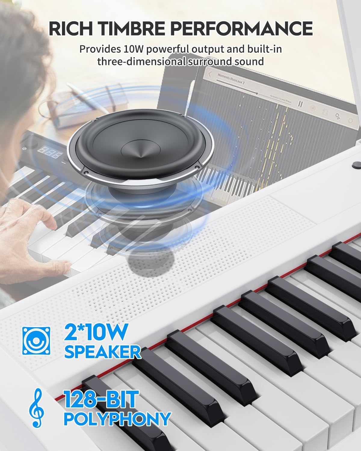 STRICH 88 Key Digital Piano Full Size Electric Keyboard with Semi-Weighted Sensitive Keys, Portable Electric Piano Set, Bundle with Sustain Pedal, Headphones, Music Rest, White, SEP-150S