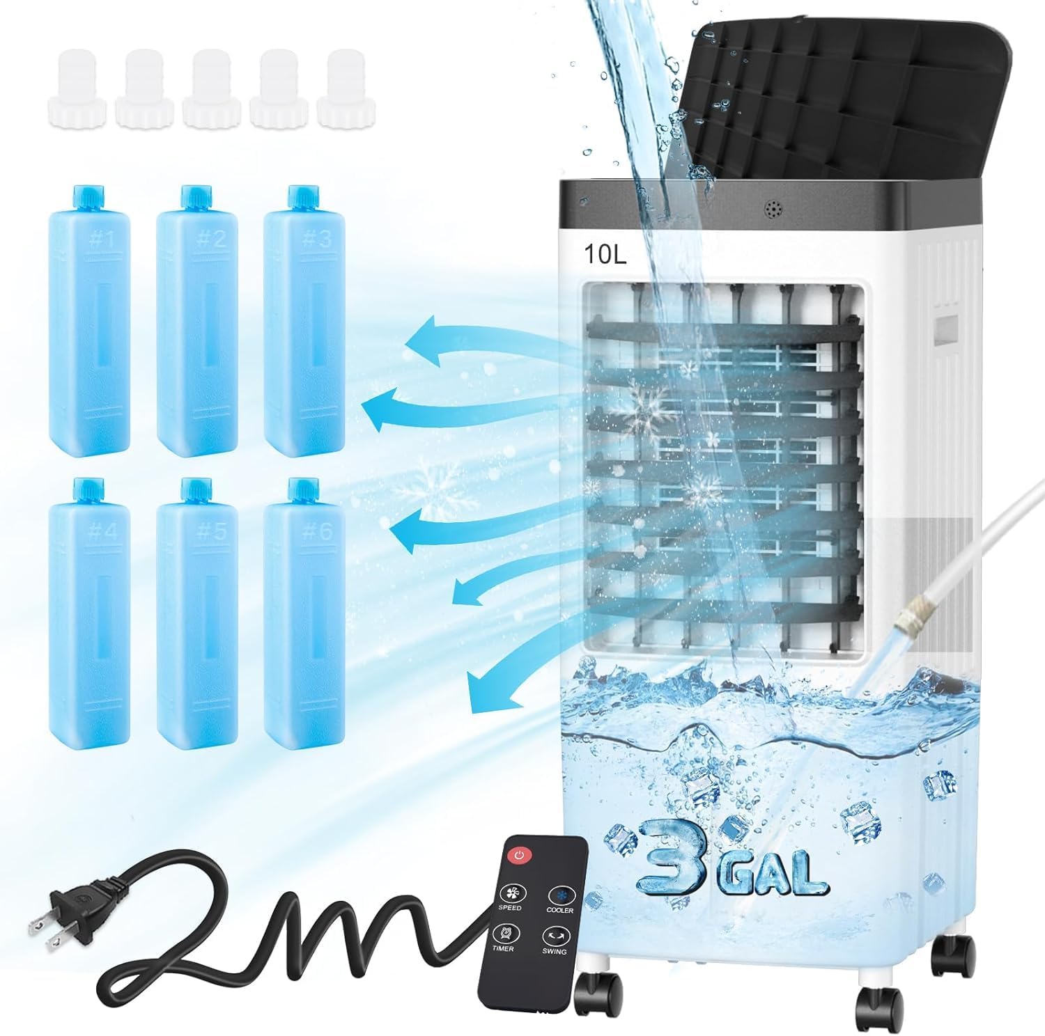 Swamp Cooler, Evaporative Air Cooler with 6 Ice Packs, Swamp Cooler Air Conditioner with 3 Gal Water Tank, 3 Speeds, 80° Oscillation, Portable Air Conditioners Alternative for Room Home Office（White)