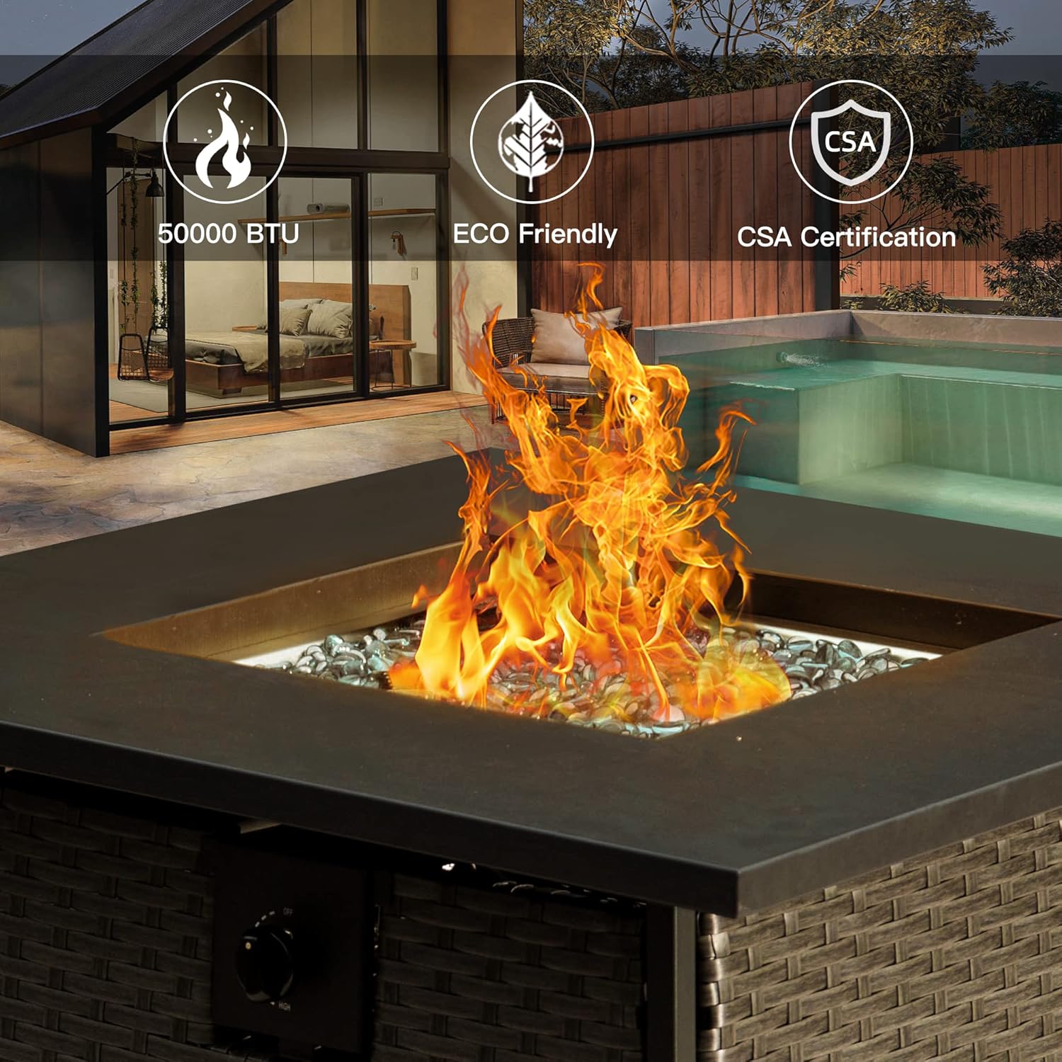 Domi 43in Propane Fire Pit, 50,000 BTU Gas Fire Pit Table with Lid, Glass Rocks, ETL Certification, Classic Firepit with Rattan Wicker Base and Wood Look Tabletop Drak Gray