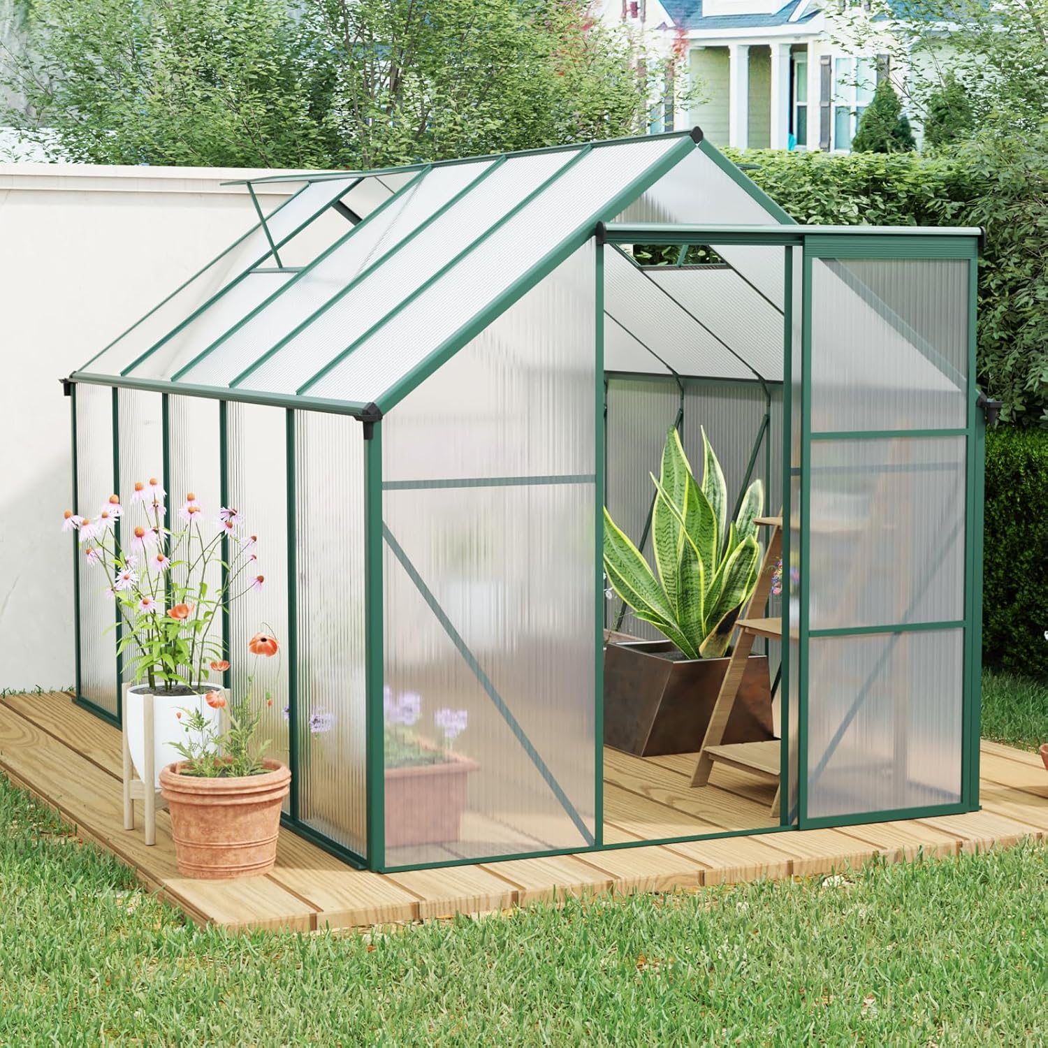 6x10 FT Heavy-Duty Polycarbonate Greenhouse with Aluminum Frame, All-Season Outdoor Walk-in Garden Greenhouse with Raised Base, Sliding Door & Roof Vent for Backyard