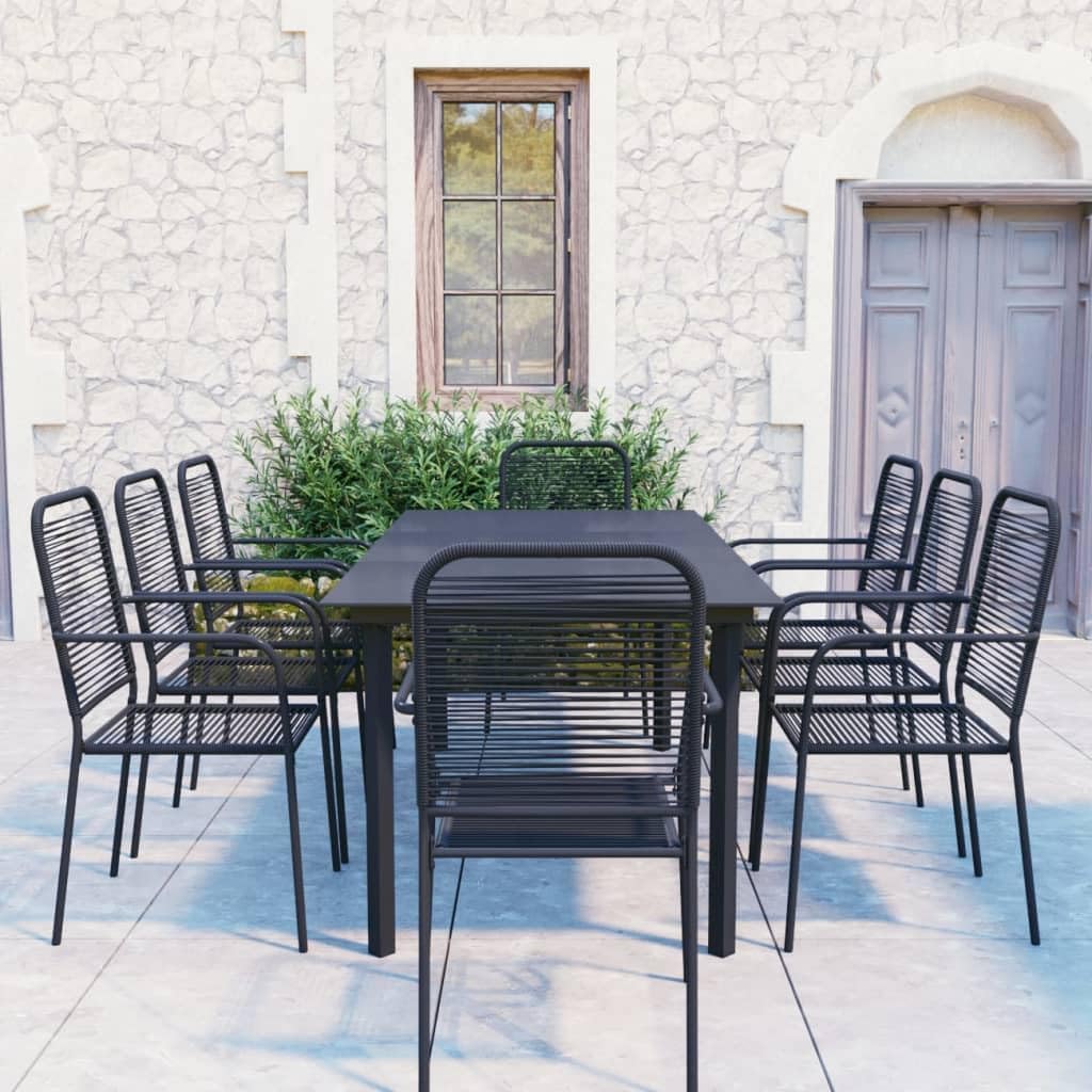 9 Piece Patio Dining Set Black Glass and Steel,9Piece Patio Dining Set: Retro Charm Meets Modern Comfort for Your Terrace and Garden Patio Furniture Sets, Outdoor Furniture Sets