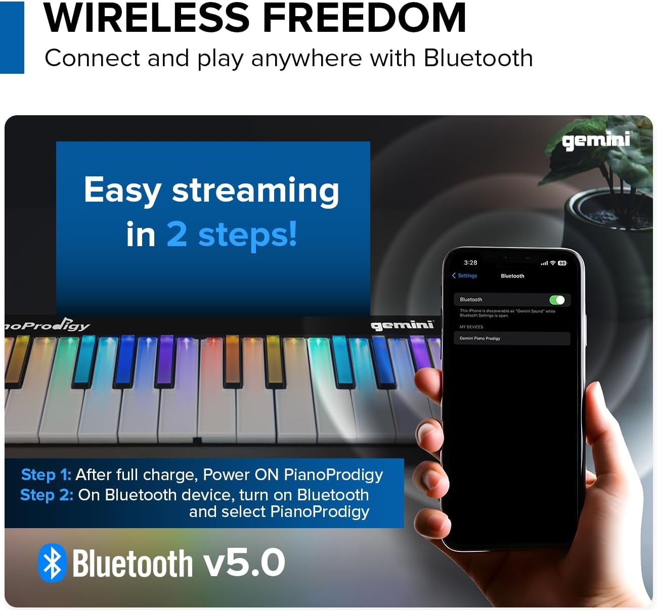 Gemini Sound PianoProdigy 24 Light-Up Keys Bluetooth MIDI Learning Keyboard – Wireless Controller for iOS/Android App (No Built-In Speakers, App Required)