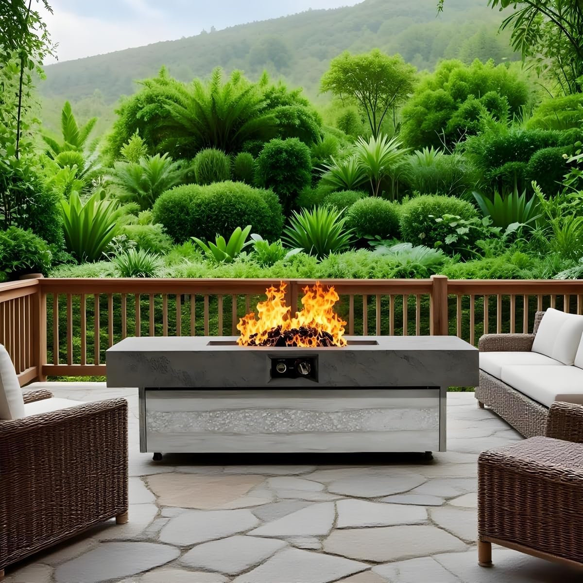 48-inch Rectangle Propane Fire Pit Table, 50,000 BTU Outdoor Gas Firepit with Adjustable Height & Glass Stones for Patio, Backyard - Cement Grey