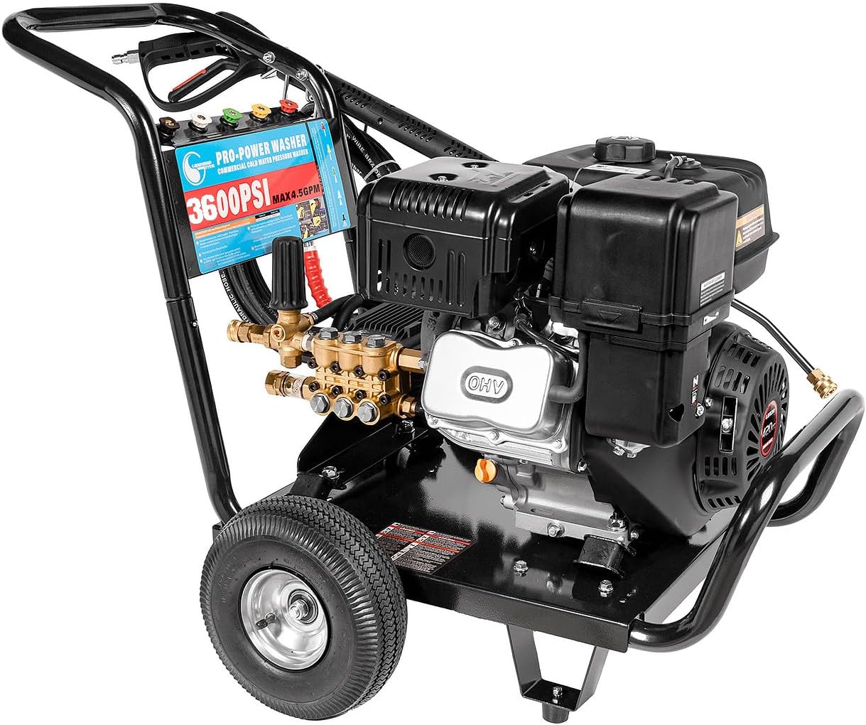 Canpump Cart-Mounted Pressure Washer – 3600 PSI, 4.5 GPM, Triplex Pump, 420 cc Loncin Gas Engine – Detachable Unloader, 30 ft Hose, Spray Gun & Wand, 5 Quick-Connect Nozzles, Commercial Power Cleaning