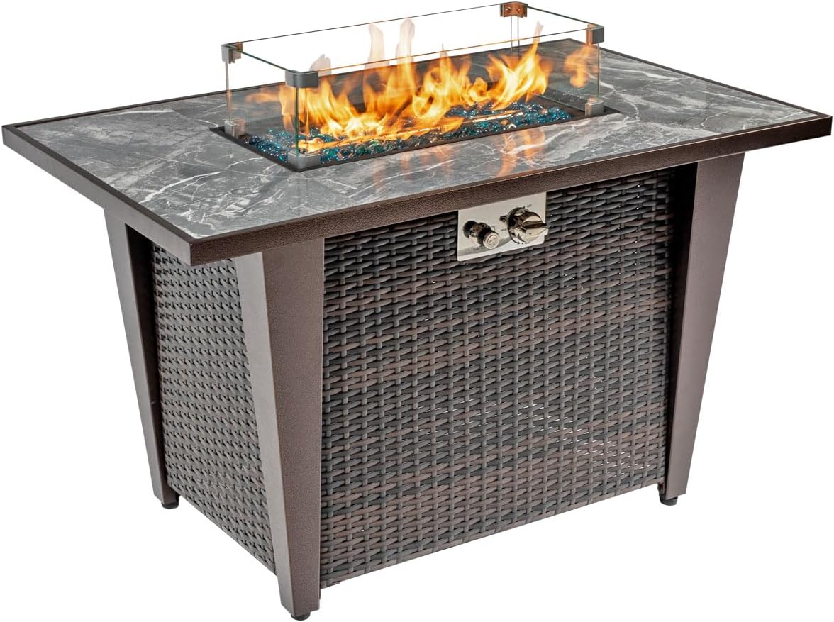 42'' Fire Pit Table with Natural Gas Conversion Kit, Marble Tile Ceramic Tabletop with Glass Wind Guard, Inclined Leg and Art Powder Design, Blue Glass Rocks, Including Lid&Cover, Brown