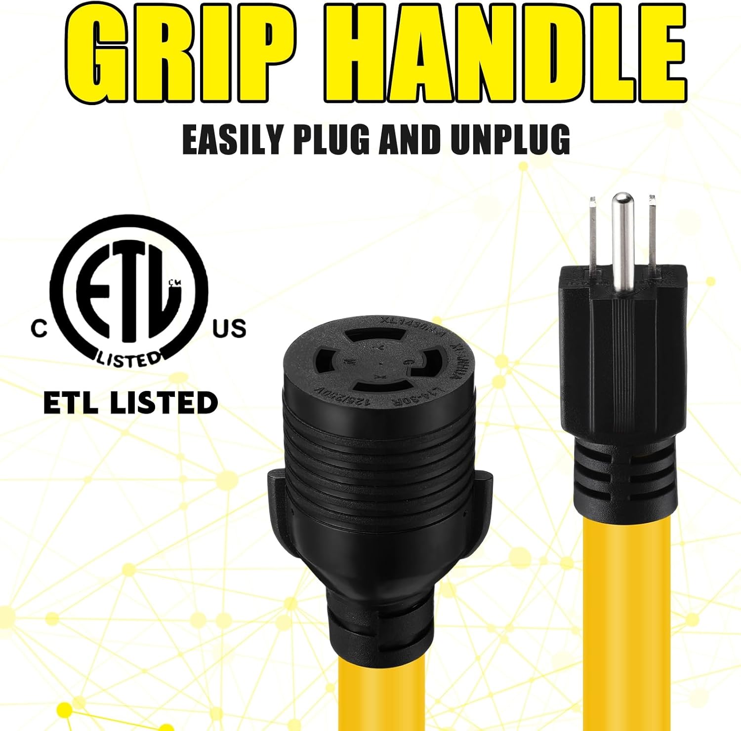 25 FT 5-15P to L14-30R Adapter Cord Generator Transfer Switch, Generator House Inlet Box Adapter, 15Amp 3Prong 5-15 Male to 30Amp 4Prong L14-30 Locking Female, 10 AWG, ETL Listed