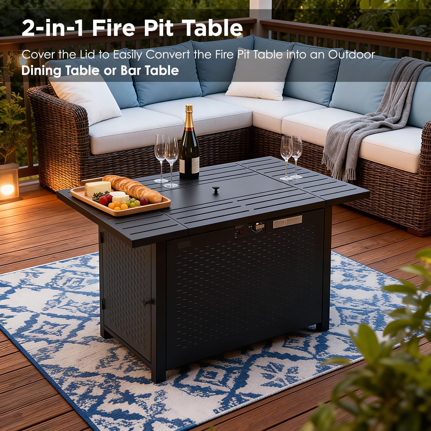 FDW 43 Inch Outdoor Propane Fire Pit Table with Glass Wind Guard, Rectangular Patio Fire Table, 50,000 BTU Smokeless Gas Firepit for Backyard, Garden & Poolside