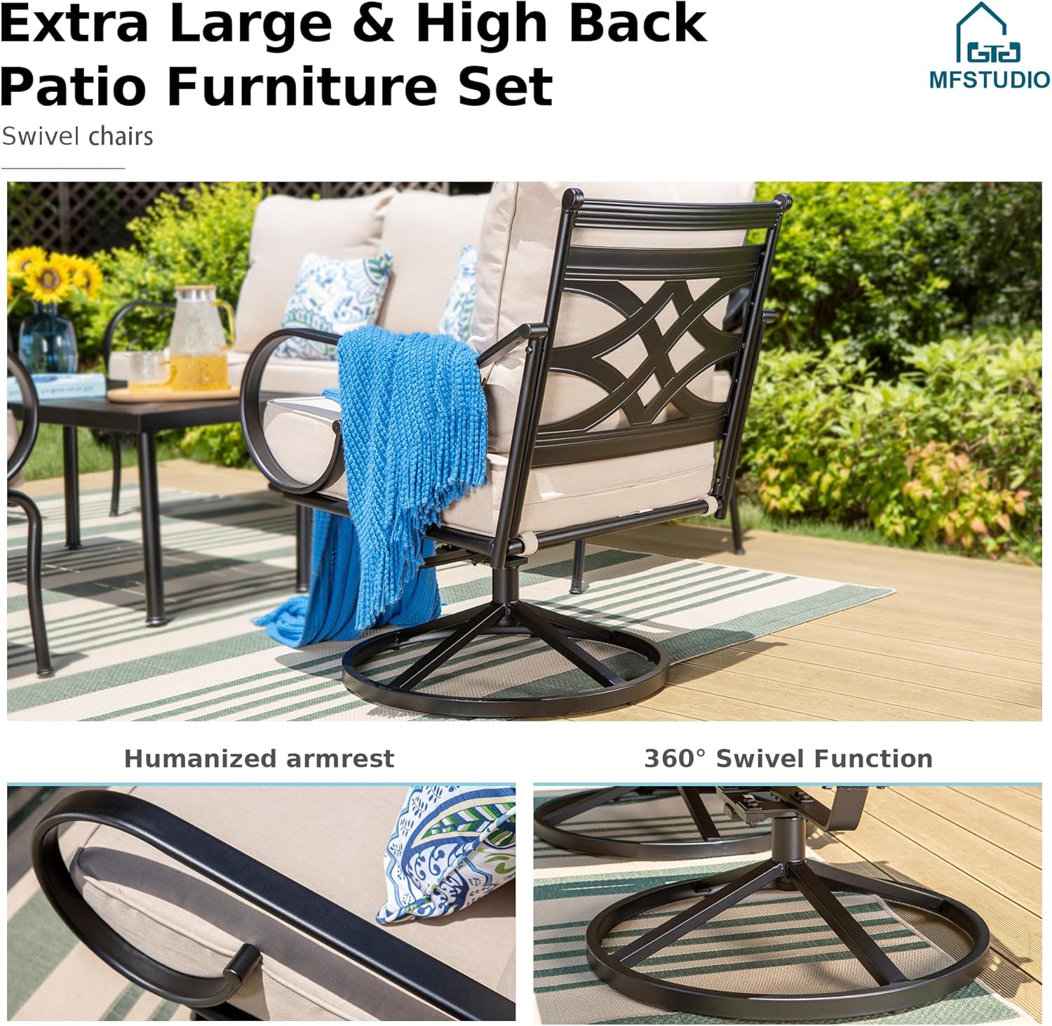 MFSTUDIO 7 Seats Metal Patio Furniture Sets, 6 Pieces Outdoor Sectional Sofa Conversation Set with 2 x Swivel Chairs, 2 x Fixed Chairs, 1 x 3-seat Sofa and 1 x 45 inches Rectangular Fire Pit Table