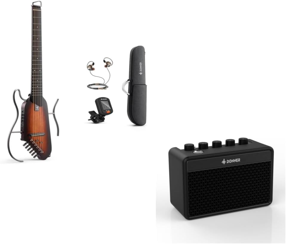 Donner HUSH I Portable Travel Electric Acoustic Guitar and Donner Mini Electric Guitar Amp 3W