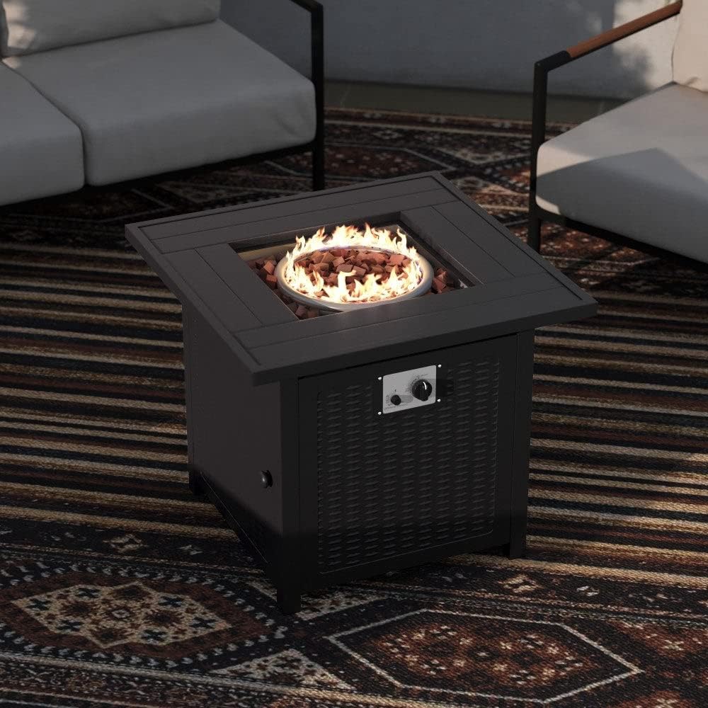 Outdoor Btu Metal Fire Pit Table with Lid and Lava Rock Black Square Steel