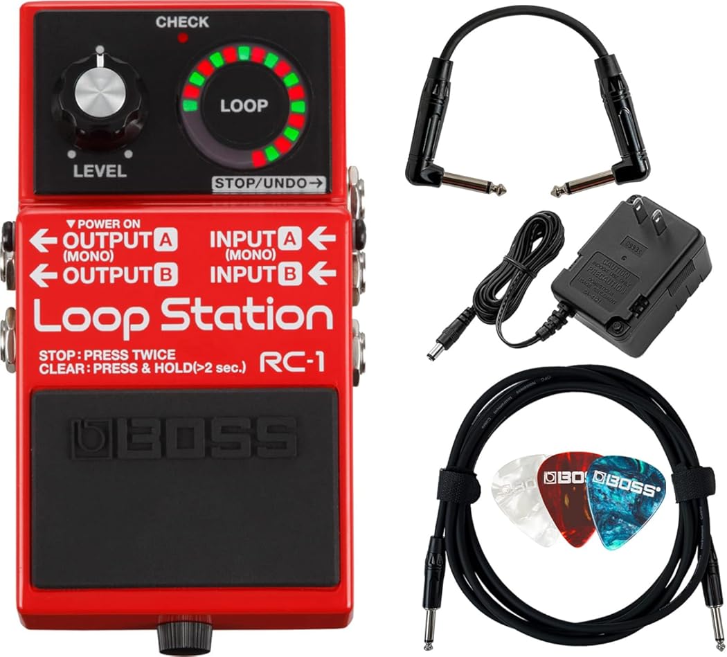 Boss RC-1 Loop Station Bundle with Gearlux Power Supply, Instrument Cable, Patch Cable, and Picks