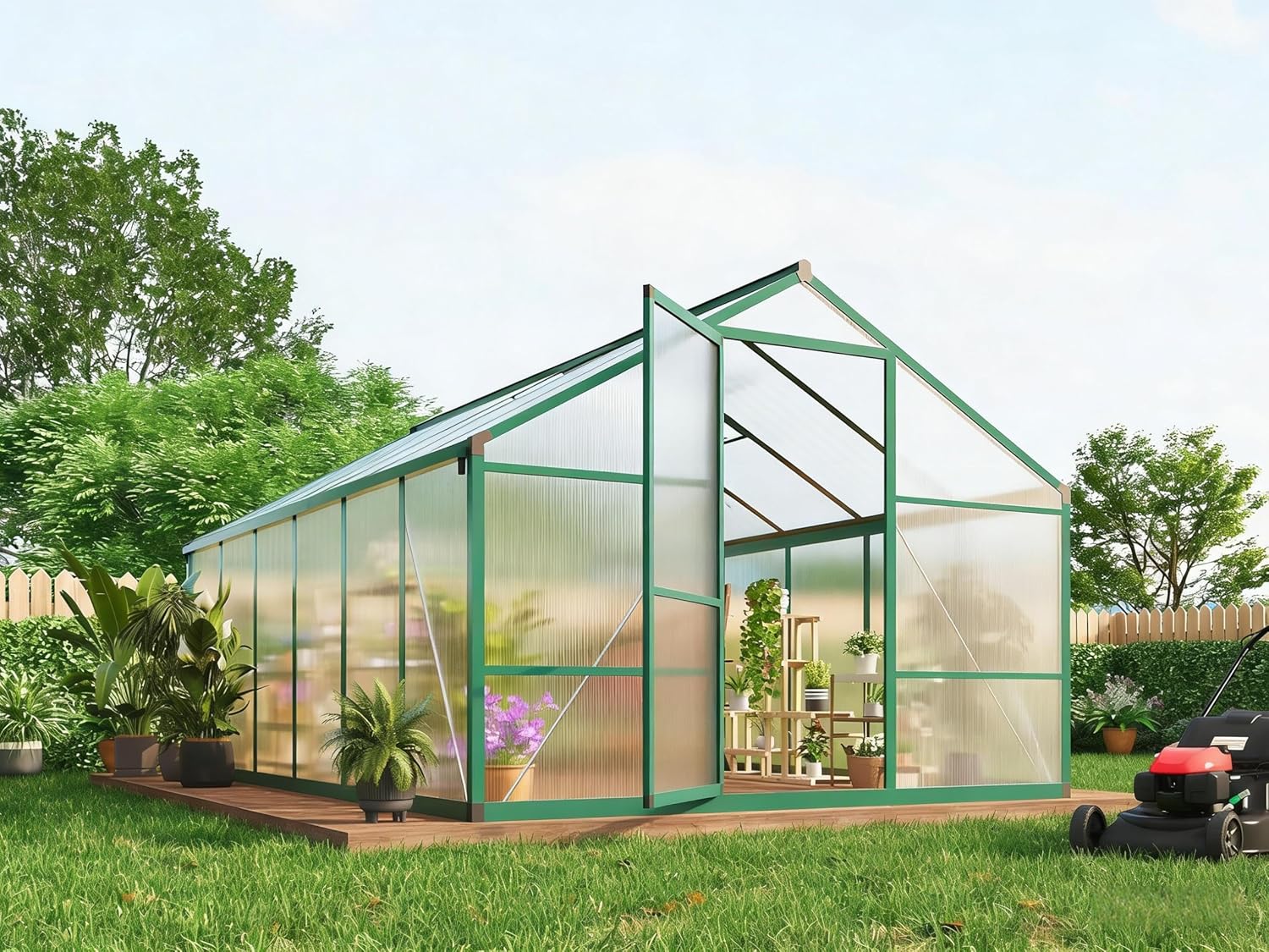 8x12 FT Greenhouse, Easy Assembly Aluminum Polycarbonate Greenhouses for Outdoors with Roof Vent, Large Aluminum Walk-in Greenhouse for Sunroom Patio, Backyard, Garden, Sliding Lockable Door, Green