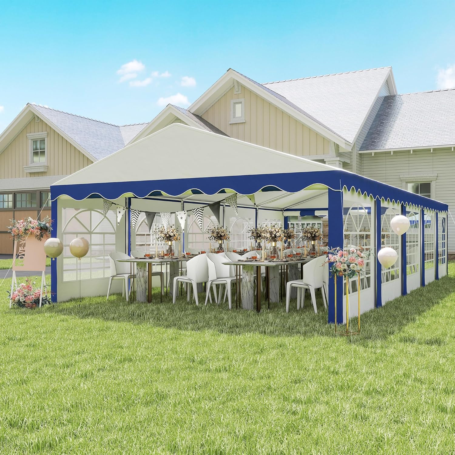 Outsunny 16.5' x 33' Party Tent, Heavy Duty Large Outdoor Canopy Tent Shelter with Removable Sidewalls, 10 Windows and 2 Doors, Tents for Parties, Wedding, Events, BBQ Grill, White and Blue