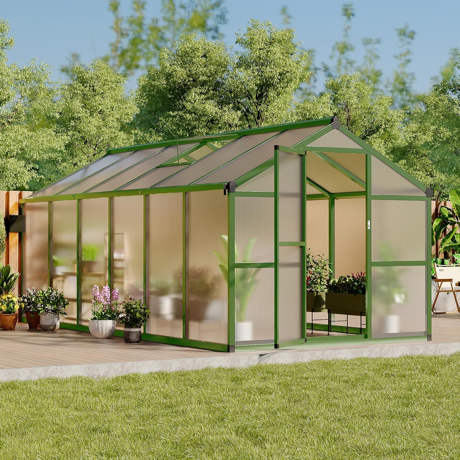 8X12FT Outdoor Greenhouse, Aluminum Polycarbonate House, Green Houses for Outside with Sliding Doors, Ajustable Roof Vent, Withstands Bad Weather for Garden, or Backyard, Green