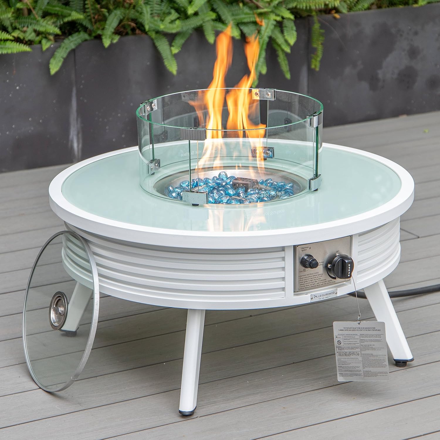 LeisureMod Walbrooke Modern Round Fire Pit Table and Tank Holder with Powder Coated Aluminum Slats Design for Patio and Backyard Garden, White