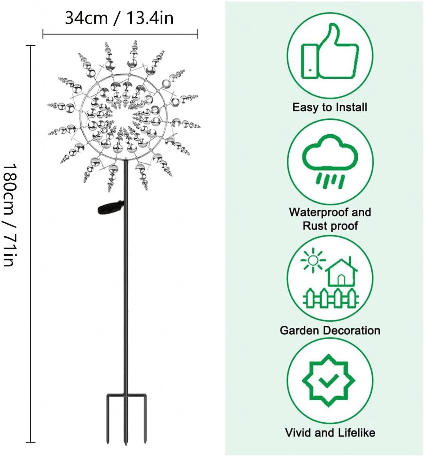 Solar Magical Metal Windmill, Wind Spinner 3D Wind Powered, 13.4 x 71in Lawn Spinners,Gold