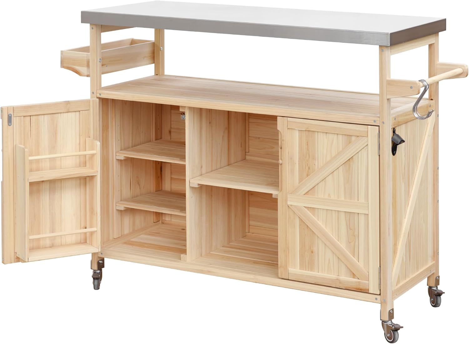 LUMISOL Outdoor Kitchen Island with Stainless Steel Top & Storage Cabinet, Farmhouse Solid Wood Grill Table with Internal Storage Rack, Outdoor Bar Cart with Spice & Towel Rack, Natural