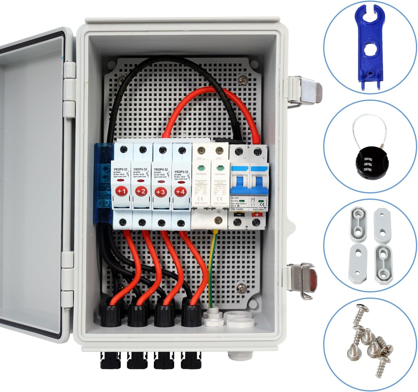 Solar 4 String PV Combiner Box with Lightning Arreste, 15A Rated Current Fuse and 2P 63A Circuit Breakers for On/Off Grid Solar Panel System (4 String PV Combiner Box)