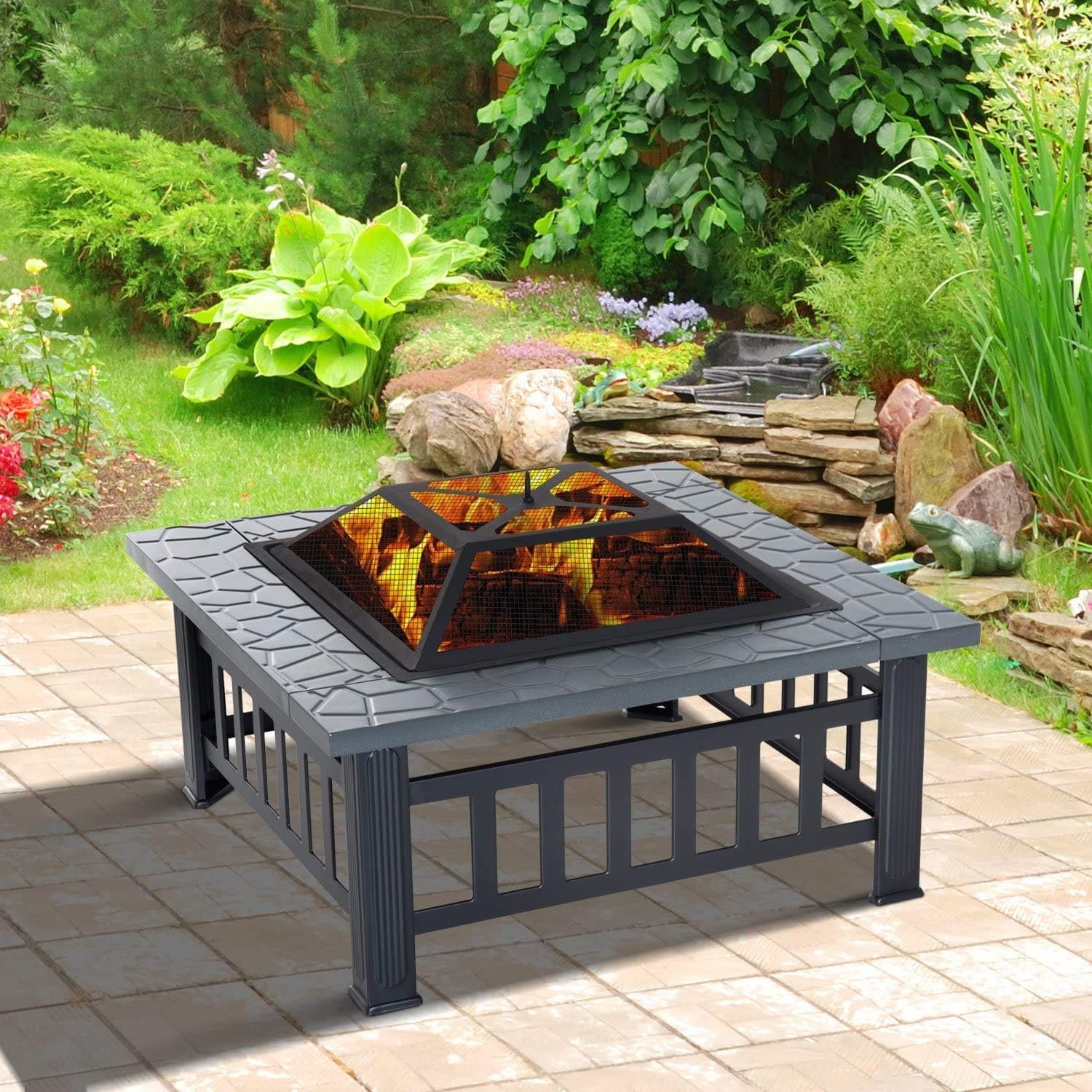Fire Pit BBQ Grill, Outdoor Square Metal Firepit, Garden Fire Pits,Fireplace Garden Stove BBQ Fire Pit Charcoal Rack with Mesh Cover,Outdoor Fire Pits
