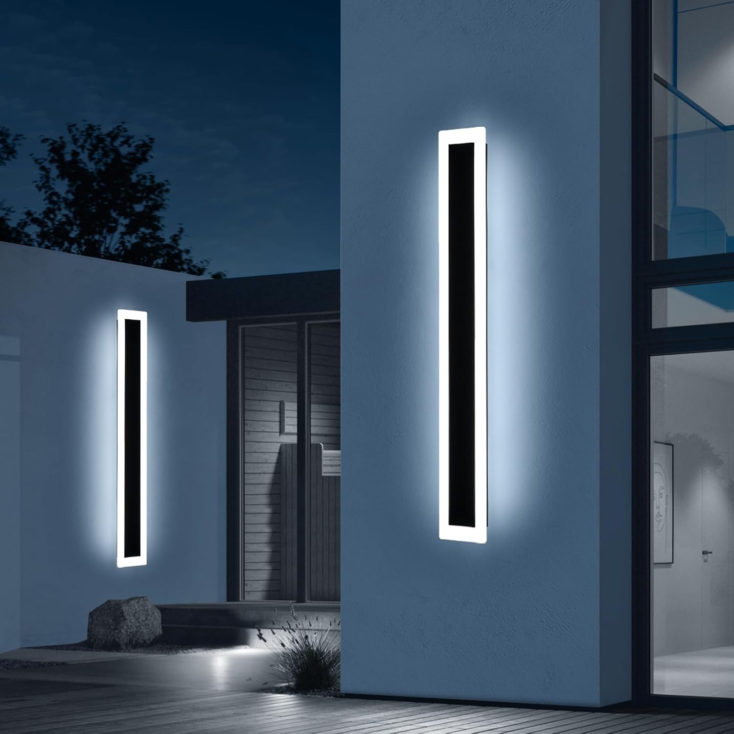 Upgrade Widened 2 Pack Long Outdoor Modern LED Wall Light, 47.2inch Large Black Wall Sconce, 3 Color 3000K/4500K/6000K, IP65 Waterproof, 41W, Exterior Lighting Fixture for House, Fence, Yard, Patio
