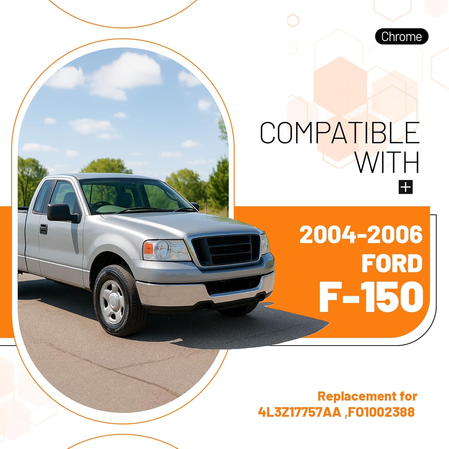 KUAFU Front Bumper Face Bar w/o Fog Light Cutouts Compatible with 2004-2006 Ford F-150 Direct Replacement for 4L3Z17757AA FO1002388 Mounting Accessories Not Included Steel Chrome Silvery