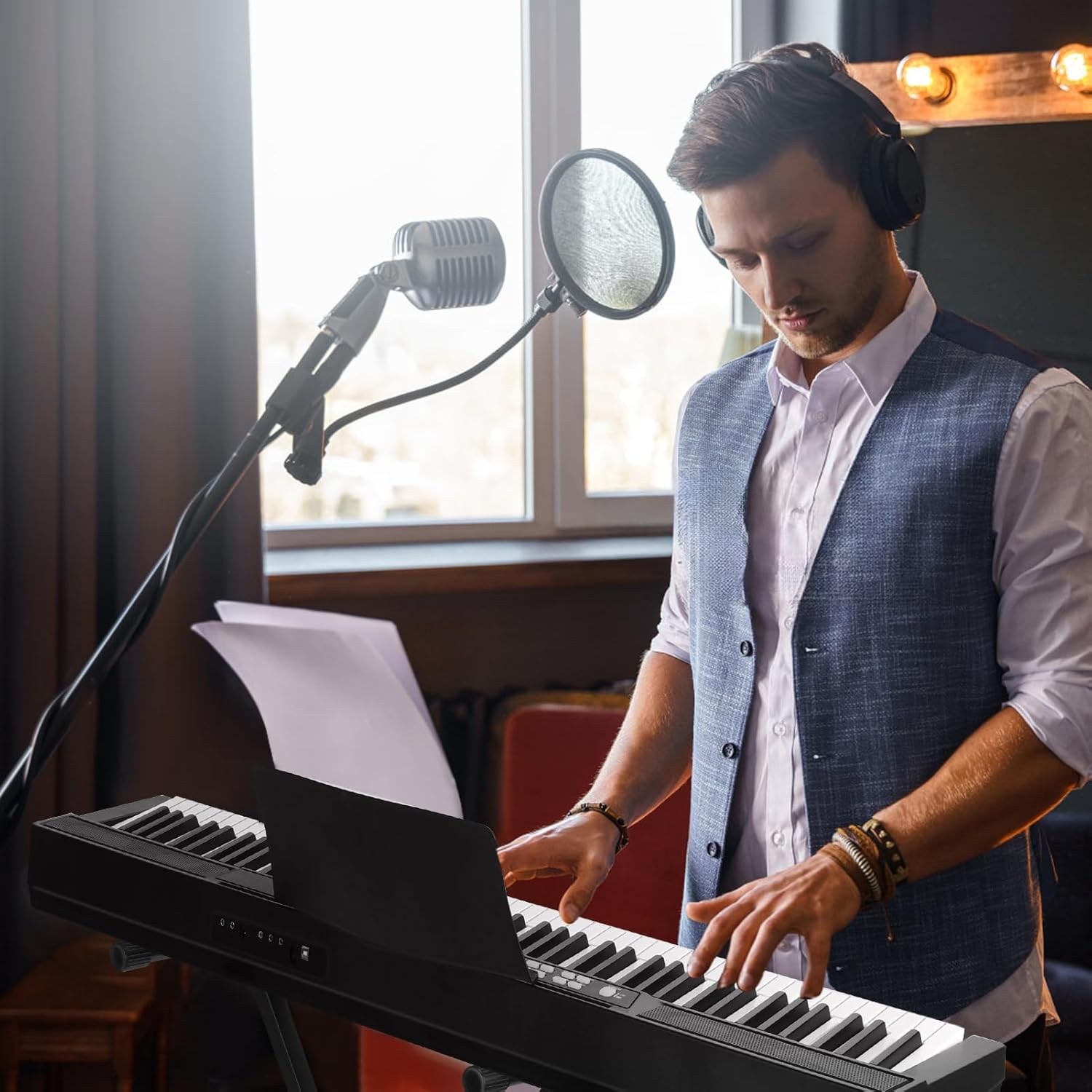 Piano 88 Key Full Size Semi Weighted Electronic Keyboard Piano, Electric Piano Djustable Digital Piano Stand, Sustain Pedal, Power Supply, Stand, Carrying Case, Headphone Black Black