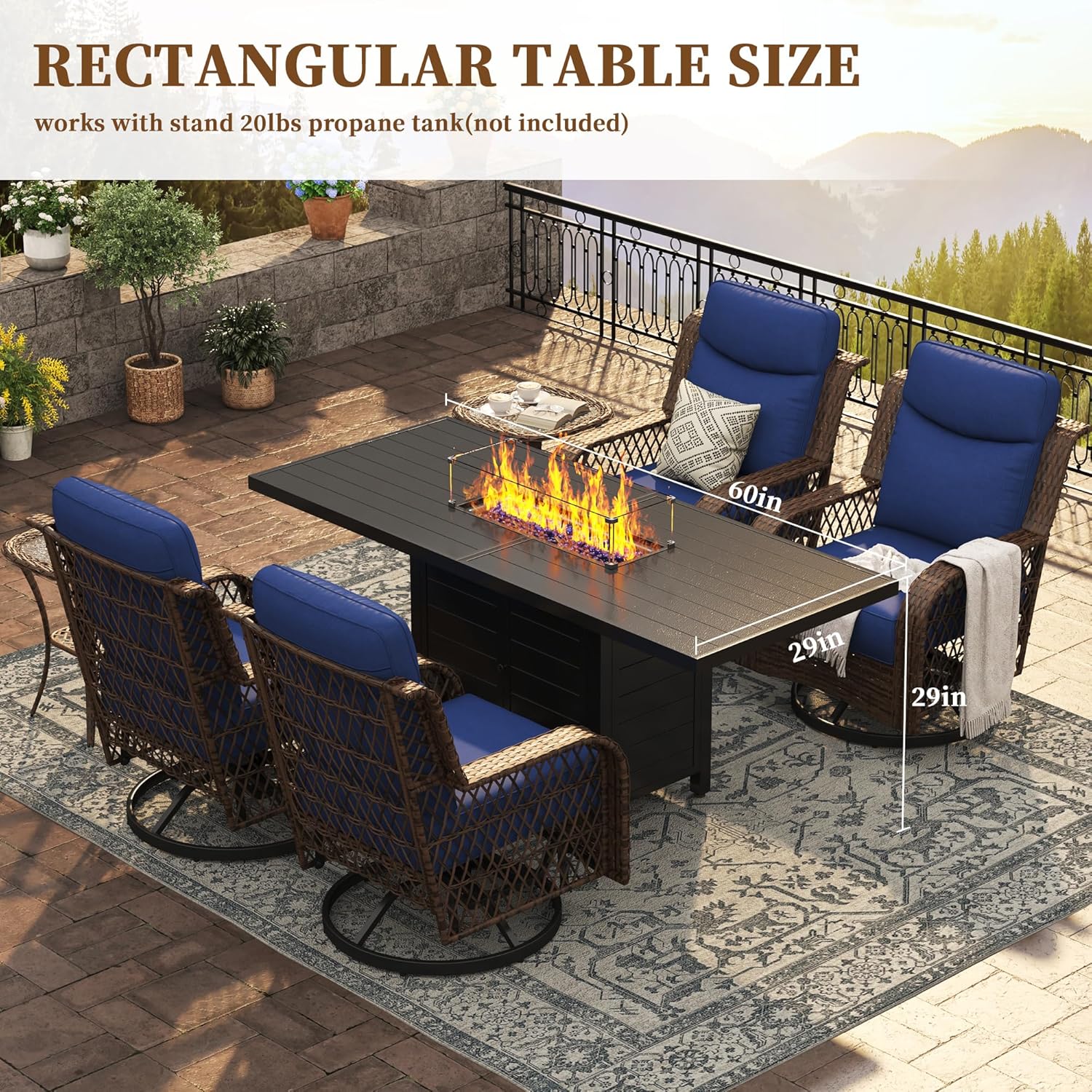 PIZZELLO 60 Inch Propane Firepit Table - Outdoor Rectangular Aluminum Fire Table w/Wind Guard - 50,000 BTU Gas Fire Pit with Glass Beads and Waterproof Cover