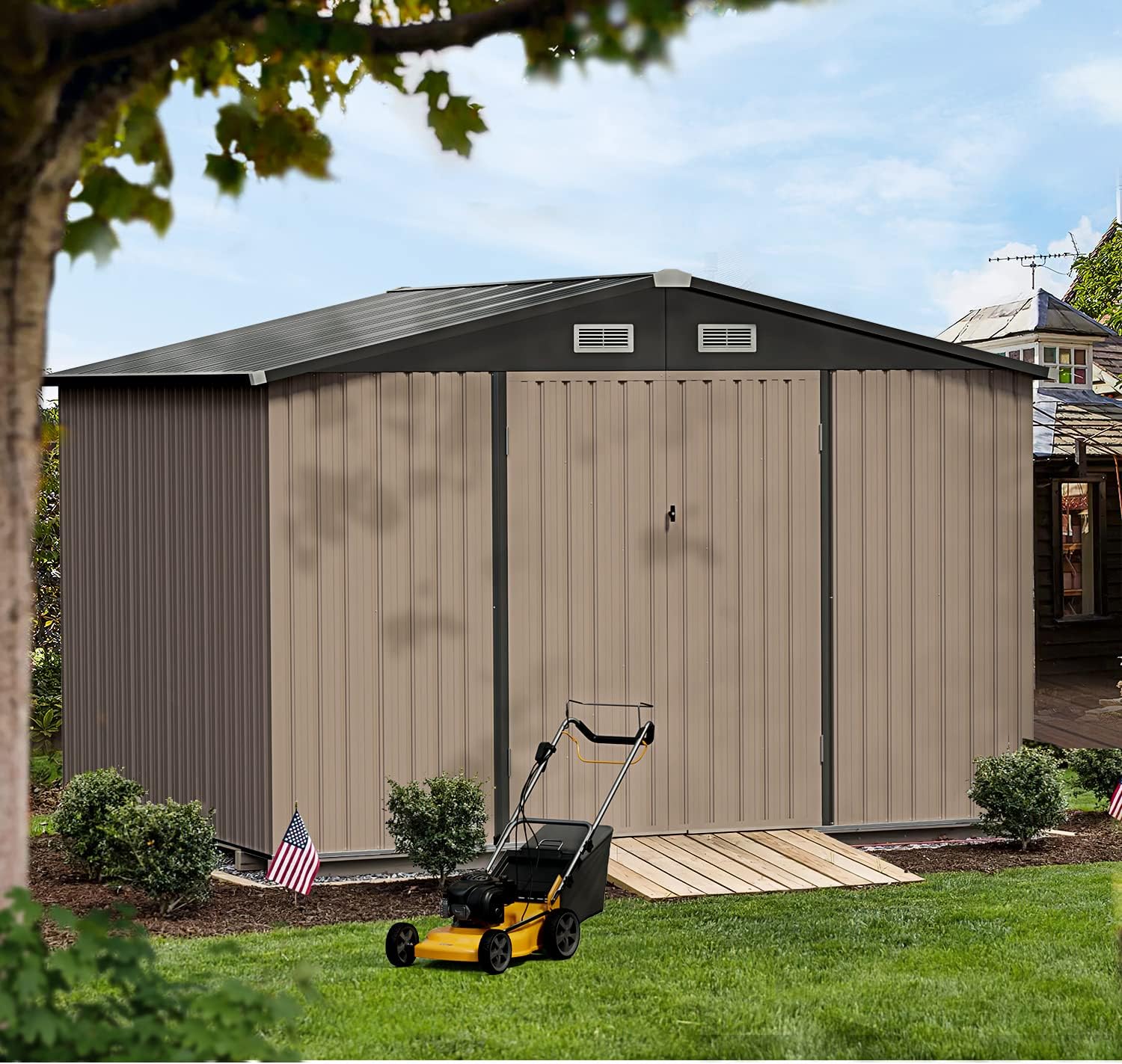 Aoxun 10 x 8FT Outdoor Storage Shed with Double Hinged Large Door Utility Garden Shed with Lockable Door & Sloped Roof Metal Sheds Outdoor Storage for Garden, Backyard, Patio and Backyard, Brown