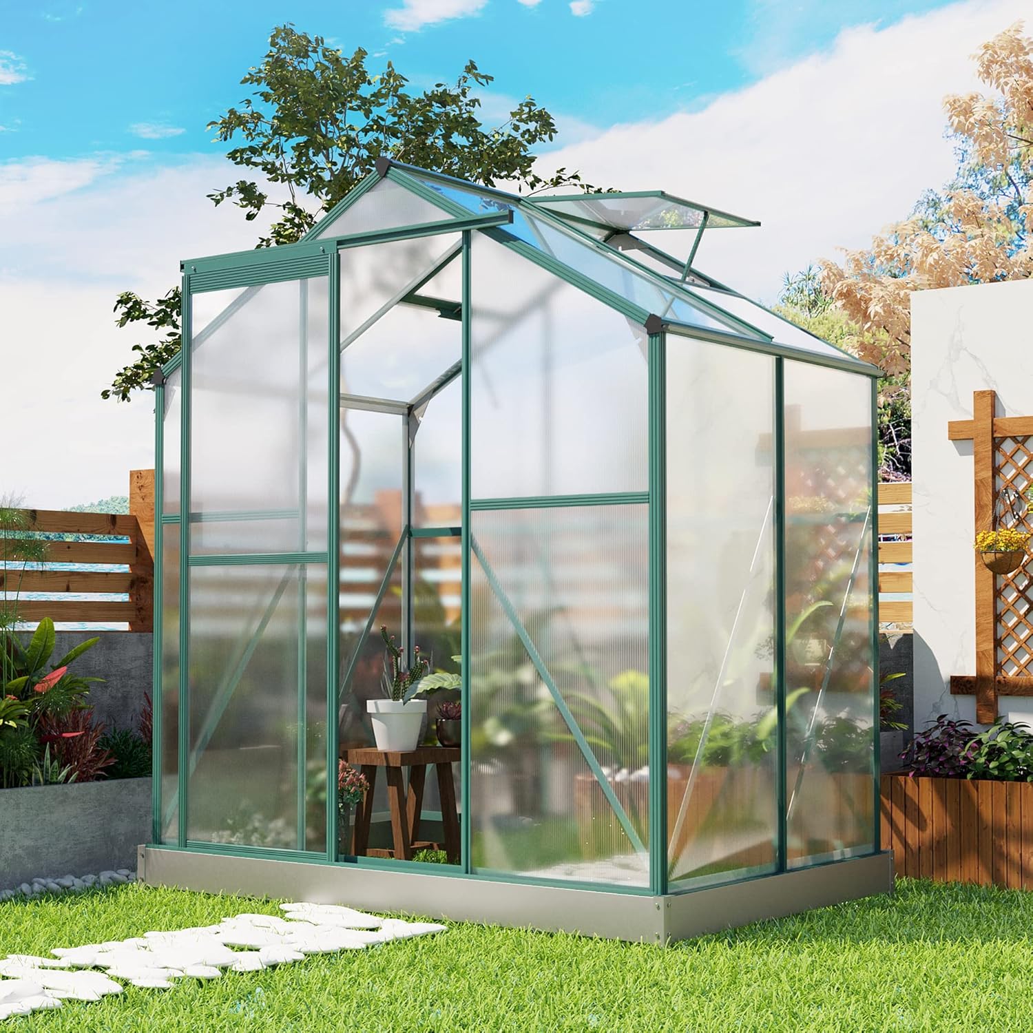 Upgraded Outdoor Patio Greenhouse, Walk-in Polycarbonate Greenhouse with 2 Windows and Base,Aluminum Hobby Greenhouse with Sliding Door for Garden, Backyard, Green (6.2ft Wx6.3ft D) ( )