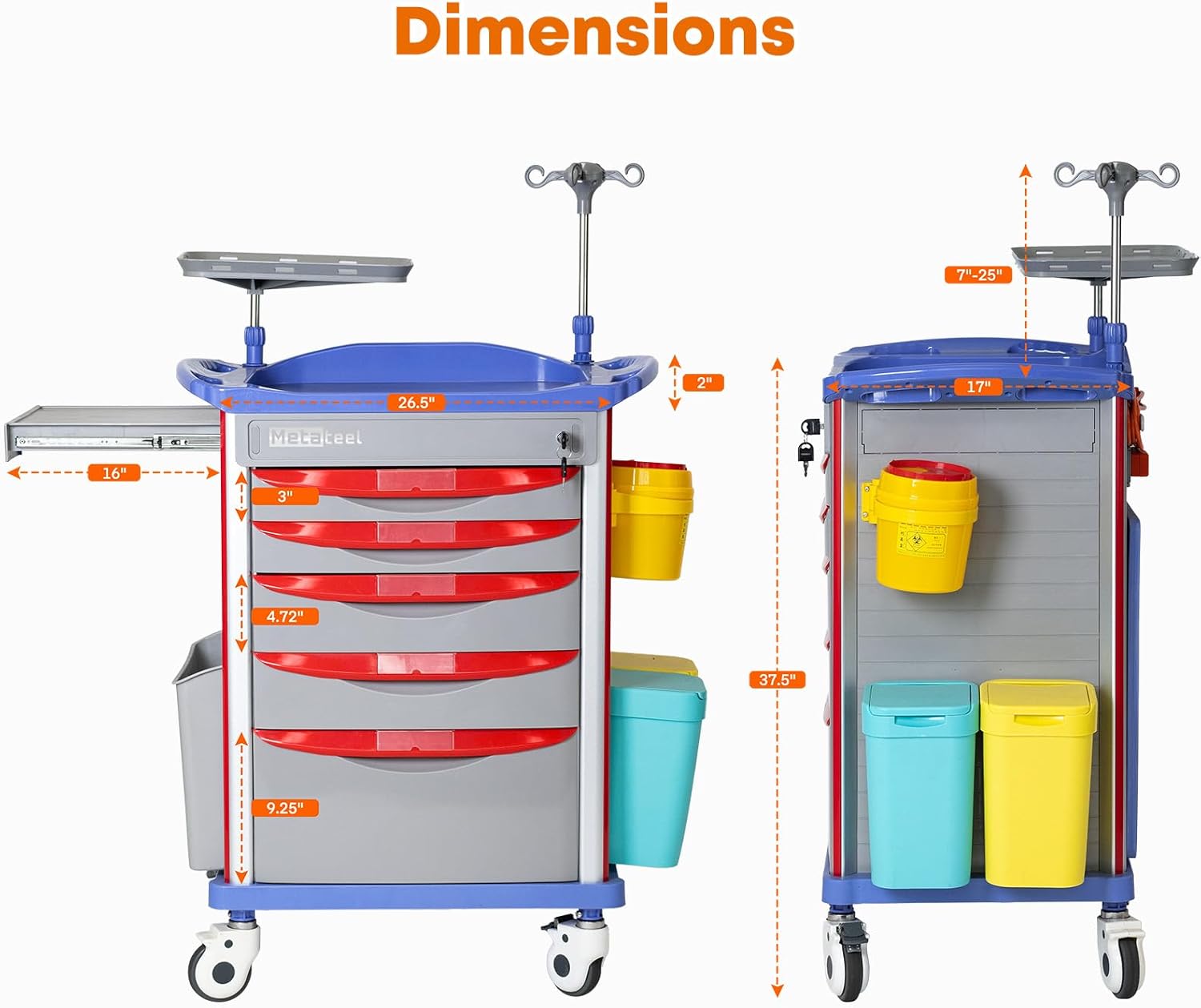 Medical Crash Cart with Emergency Accessory - Cardiac Board, IV Pole, O2 Holder, Power Strip, Trash Bin, Drawers with Dividers, Lite Emergency Hospital Crash Cart for Hospitals and Clinics