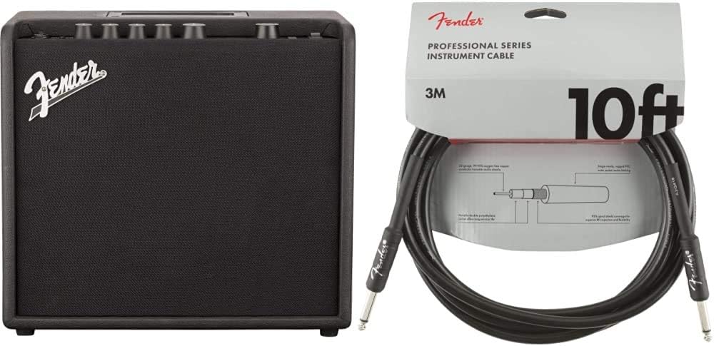 Fender Mustang LT25 Guitar Amplifier & Professional Series Instrument Cable, Straight/Straight, Black, 10ft