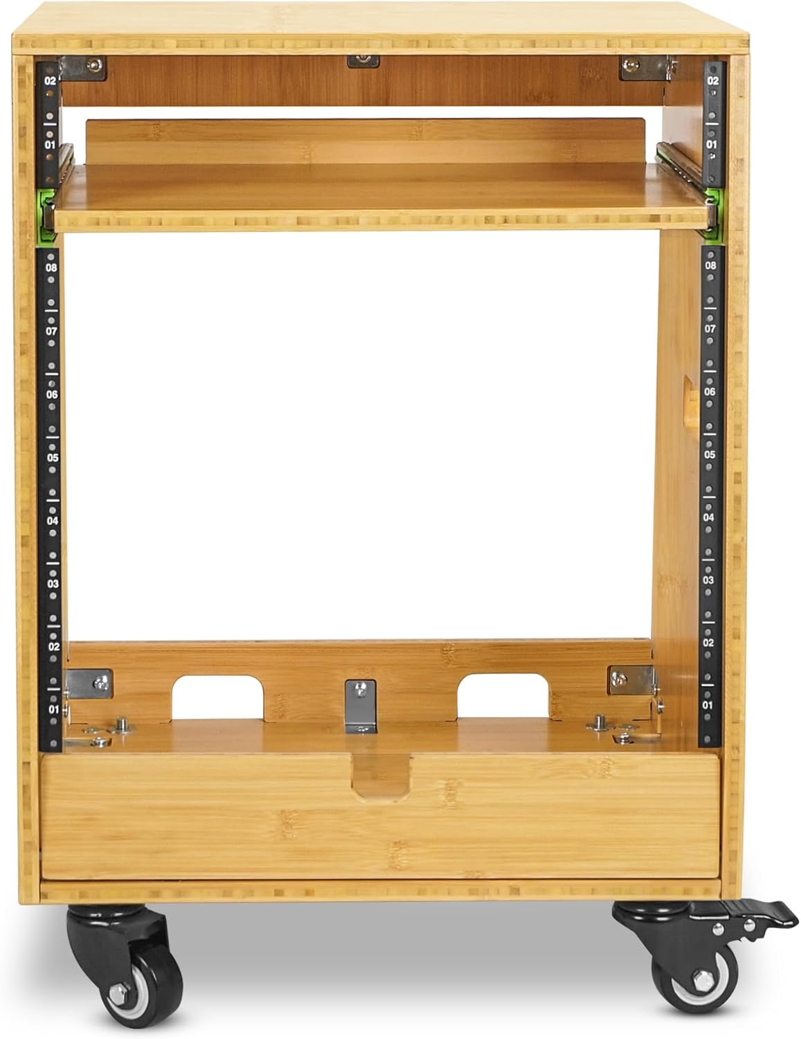 Sound Town DIY Solid Carbonized Bamboo Slanted 10U Studio Rack (2U Top + 8U Lower), with 2U Bottom Storage, Slide-Out Tray, Caster, For Recording Room, Home Studio (STBR-ST10T)