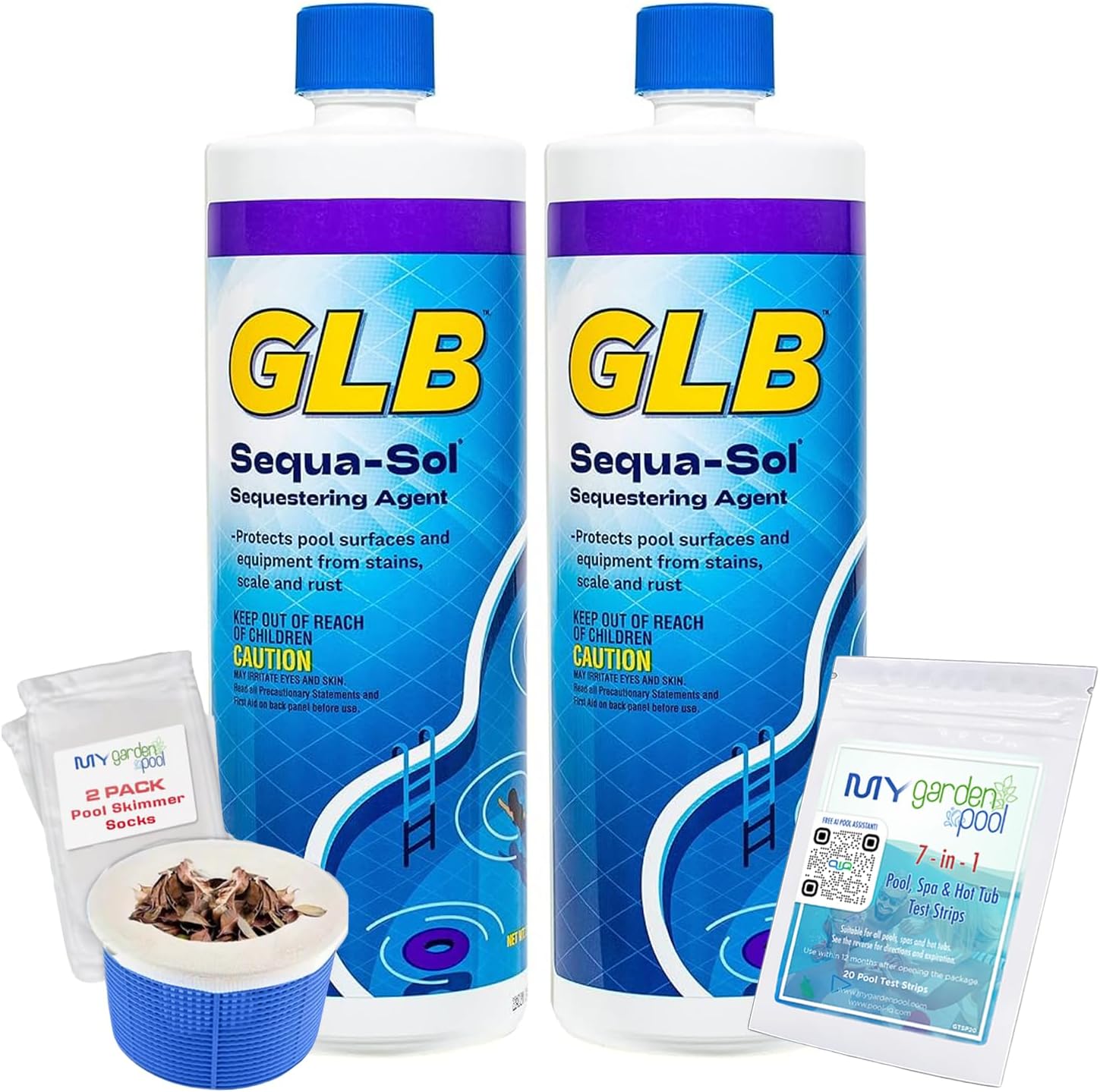 GLB Super Sequa-Sol 2 LB (71024A) Pool Metal Remover & Scale Preventer, Includes My Garden Pool 2 Skimmer Socks & 7-in-1 Test Strips, 2-Pack