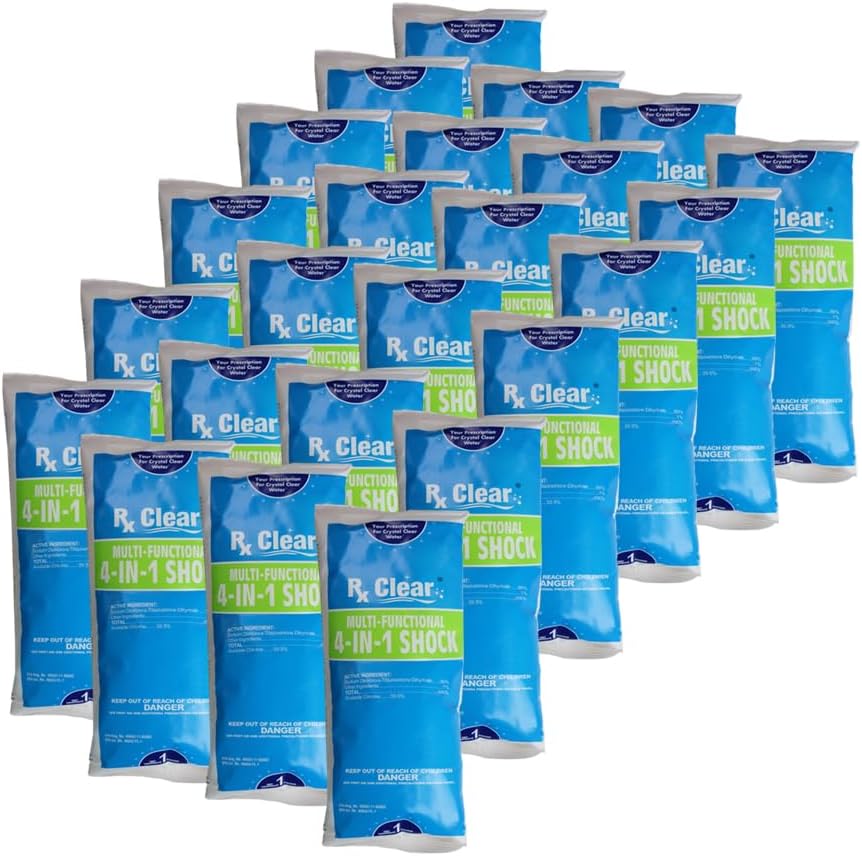 Rx Clear Multi-Functional 4-in-1 Swimming Pool Shock | 99% Sodium Dichloro-s-Triazinetrione Dihydrate | Kills Bacteria and Algae | One-Pound Bags | 24-Pack