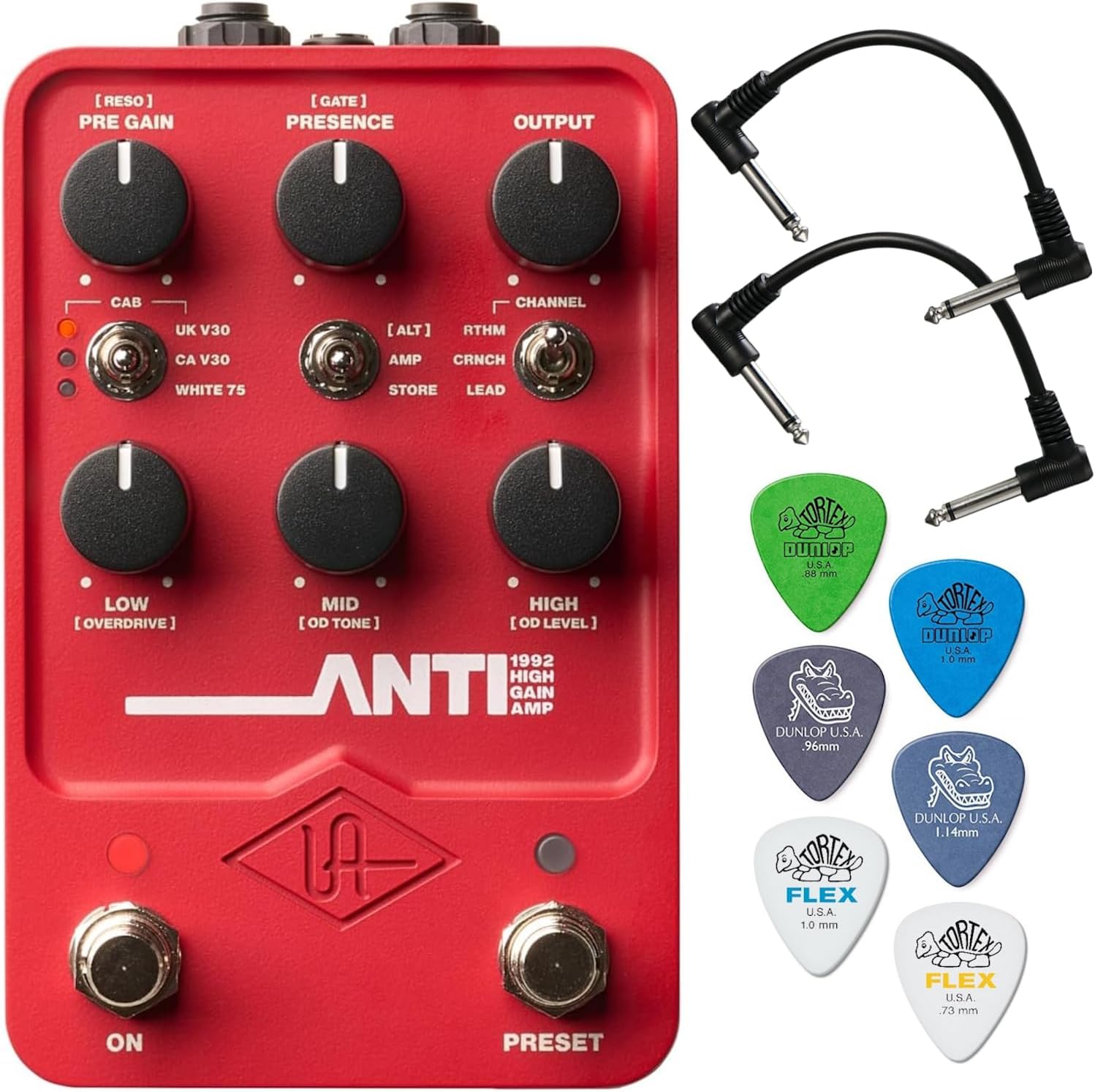 Universal Audio UAFX Anti 1992 High Gain Amp Pedal - Bundle with 2 Patch Cables and 6 Dunlop Guitar Picks