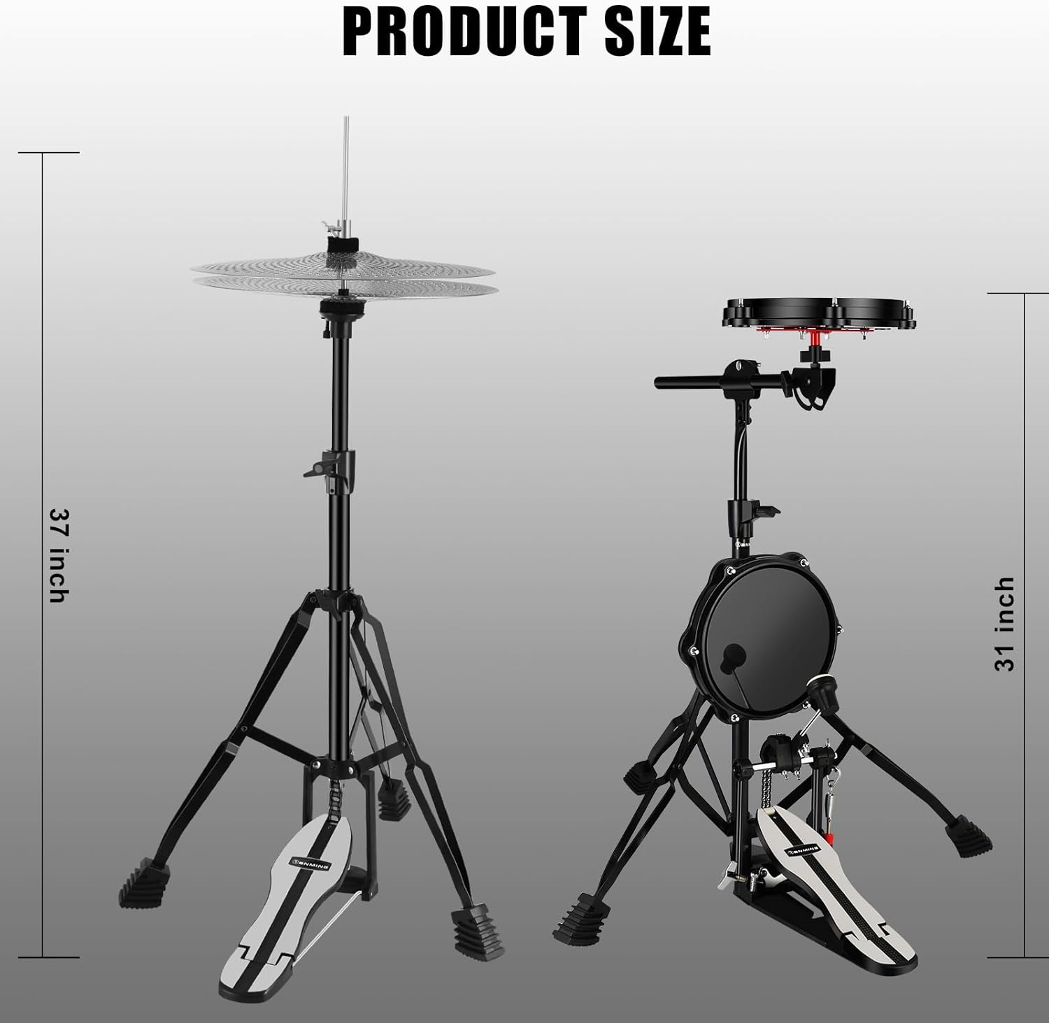 RANMING Practice Drum Pad Stand Kit Silent Drum Pad Set Drum Set Practice Kit with 1 Bass Drum Pedal,Hi-Hat Pedal,2 Drum stand,14 Inch Silent Cymbal,Dumb Drums for Beginners Adults (Black)