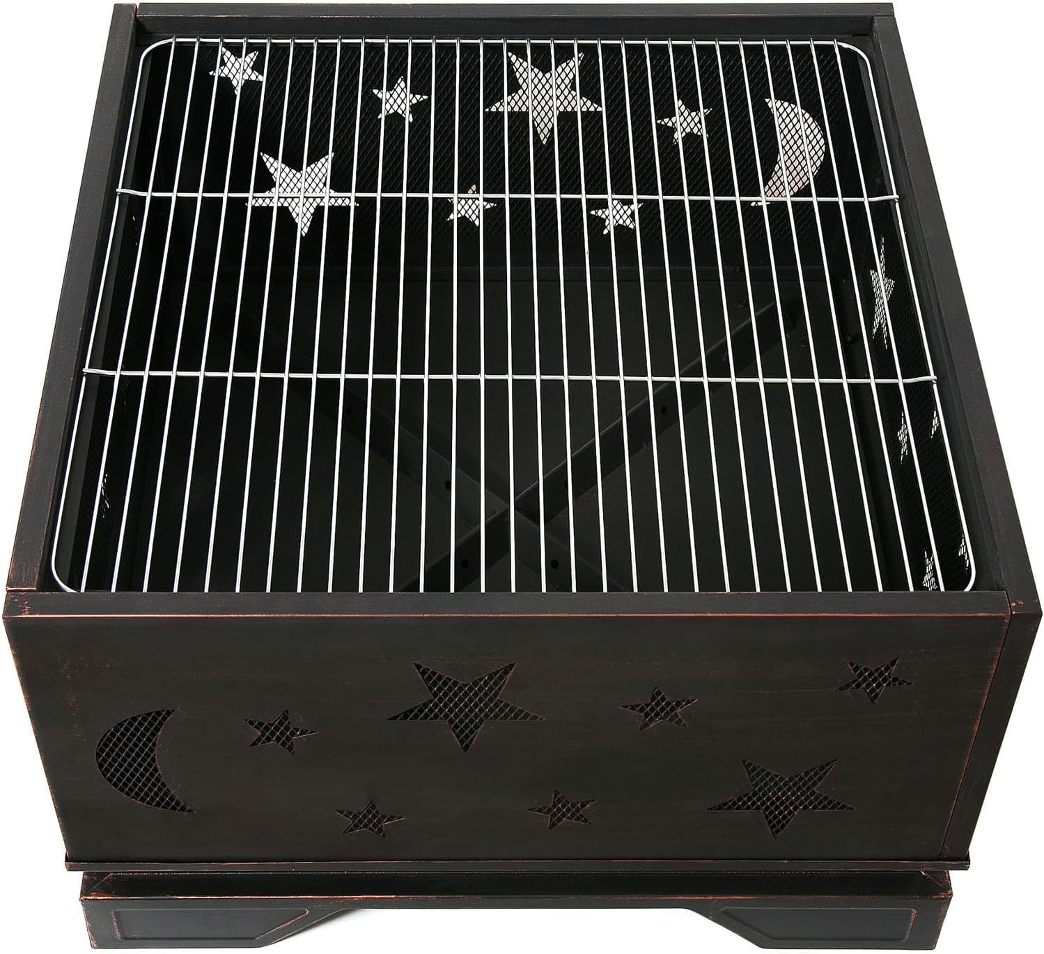 26 Inch Wood Fire Pits & Outdoor Fireplaces with Poker, Patio Fire Pit with Grill, Square Firepits for Outside, Backyard, Camping, BBQ,Steel, Heavy Duty