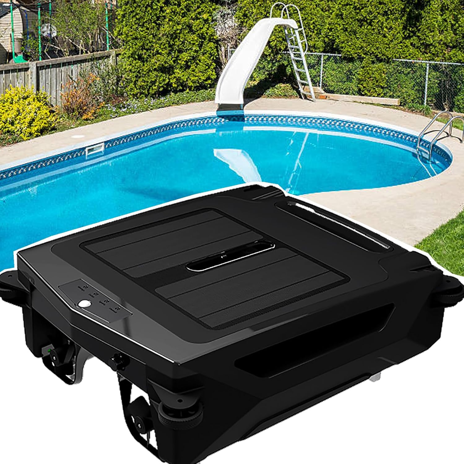 Solar Robotic Pool Skimmer Cleaner, Automatic Cordless Pool Skimmer for Above Ground Pool with Dual Charging Options Path Optimization, Two Speed Modes Saltwater Compatibility