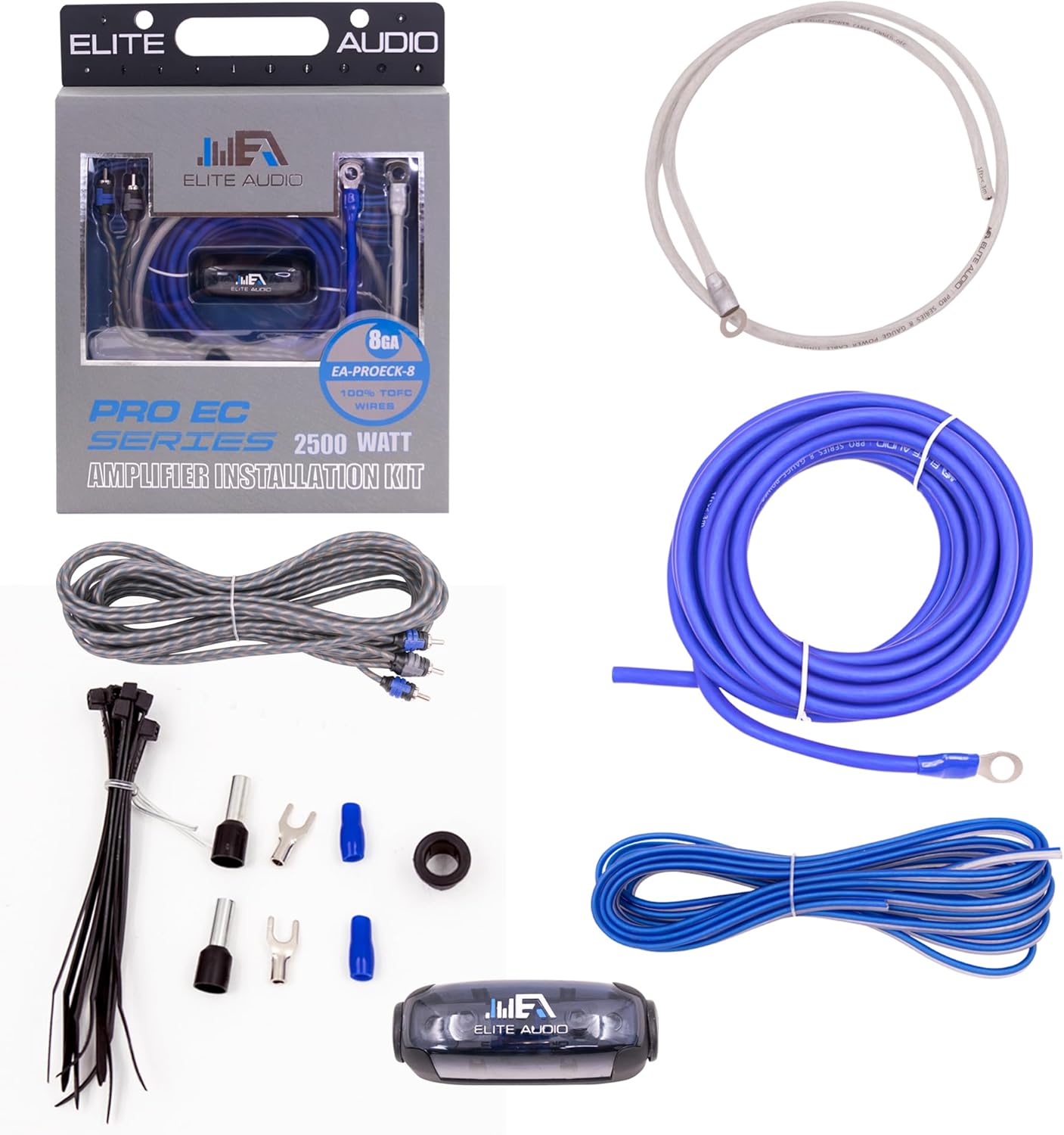 Elite Audio Pro-Economy Series Amplifier Wiring Kit - 5000 Watt Max Power, Tinned Copper Cables, 2-Channel RCA Cable, Mini-ANL Fuse Holder, Install Kit - PROECK-0 (8-Gauge)