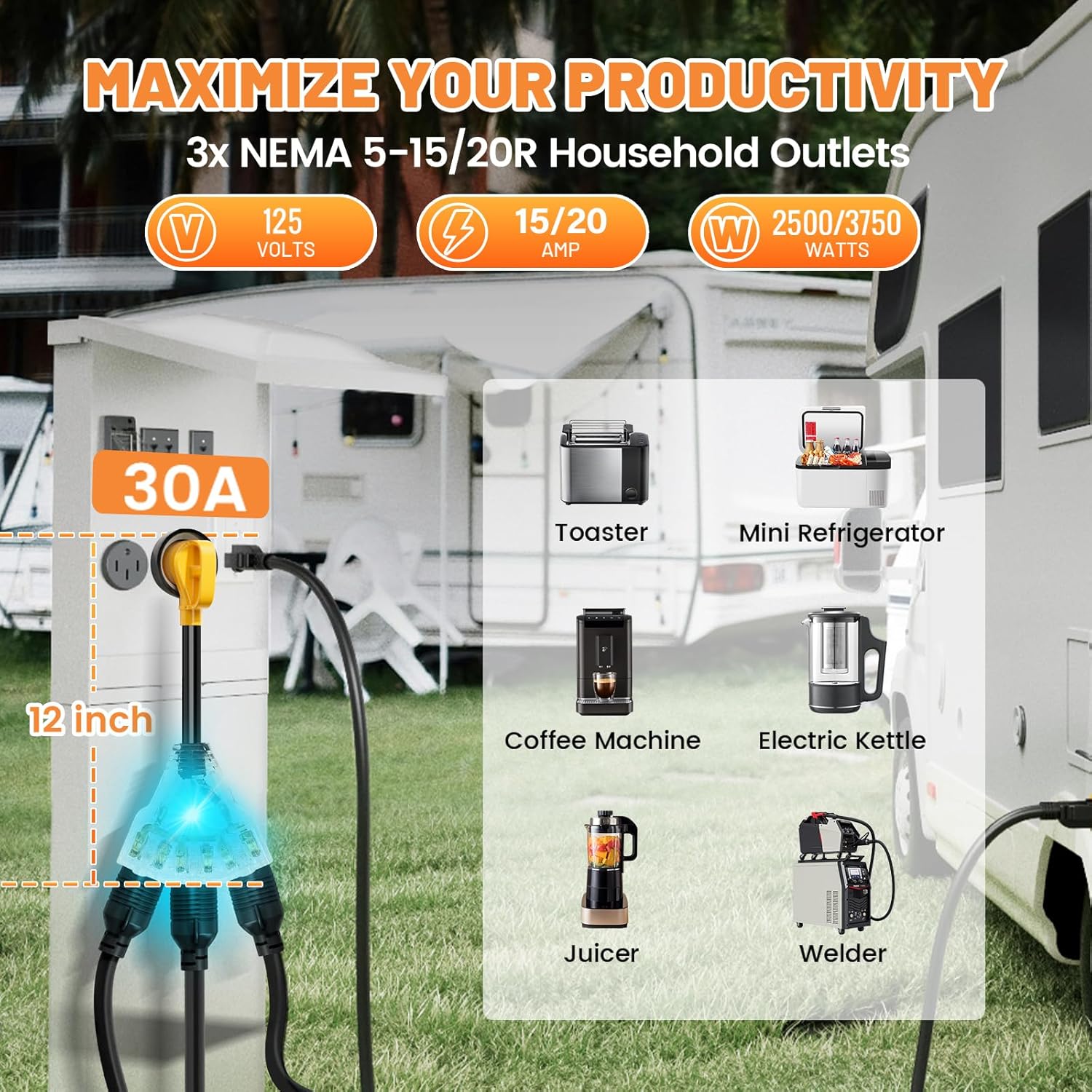 30 Amp to 20 Amp 110V RV Distribution Adapter NEMA TT-30P Male to 3X 5-15R/5-20R, Shore Power NEMA L5-30P to 3X 5-15R/5-20R RV Generator Adapter Marine 30 Amp to 110 15 Amp Household Regular Connector