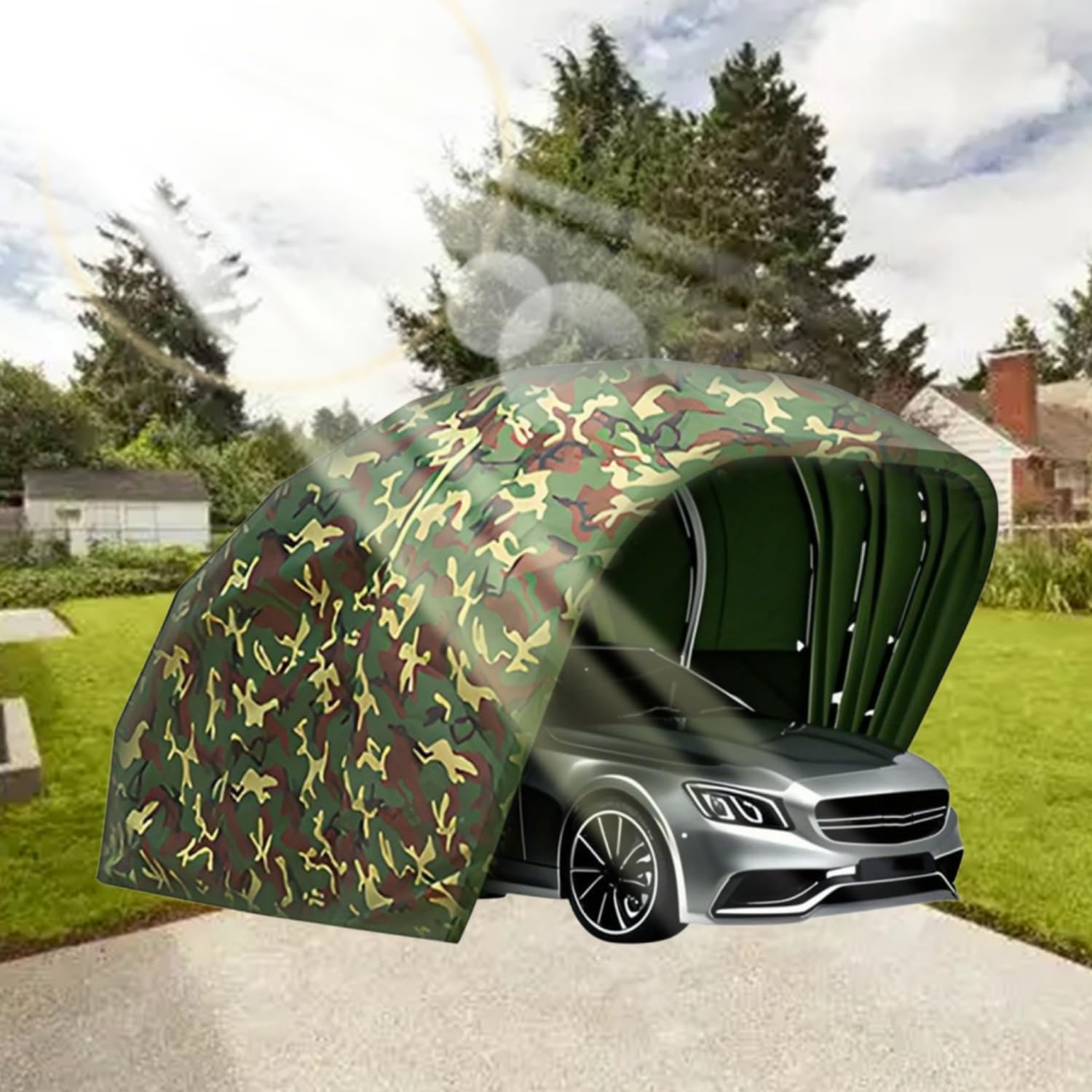 Stainless Steel Carport, Foldable Retractable Car Awning Protecting Auto From All Weathers, Car Shelter Tent Garage, for Bikes, Motorcycles, Outdoor Tools, Camouflage,Fullyautomatic,6.4*2.8*2.6